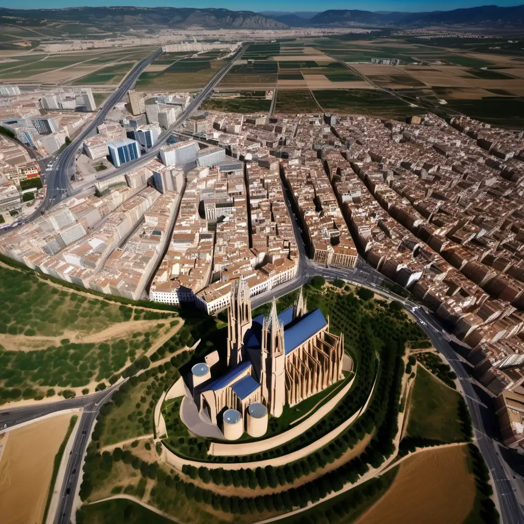 Show realistic aerial view of city of Lleida, showing la Seu Vella (catherdral on hill) and transport networks out of the city, surrounded by farmland.
