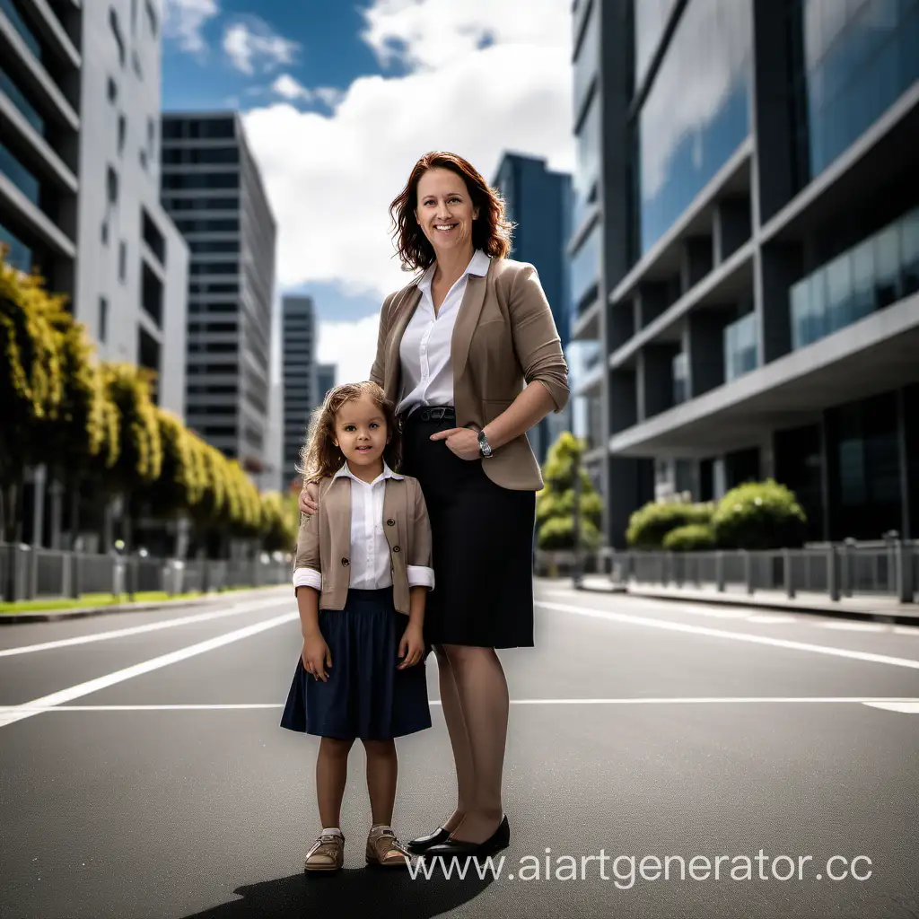 A New Zealand mother with 4 year old daughter is dressed semi casual and is standing in street with office buildings in the background. The image is light and bright and is well lit. This image needs to be shot like a professional photo shoot using a Canon R6 with high quality 25mm lens. This image has a shallow depth of field The golden ratio in use. Wide angle with perspective from the ground and looking up. Focus on the whole scene.
