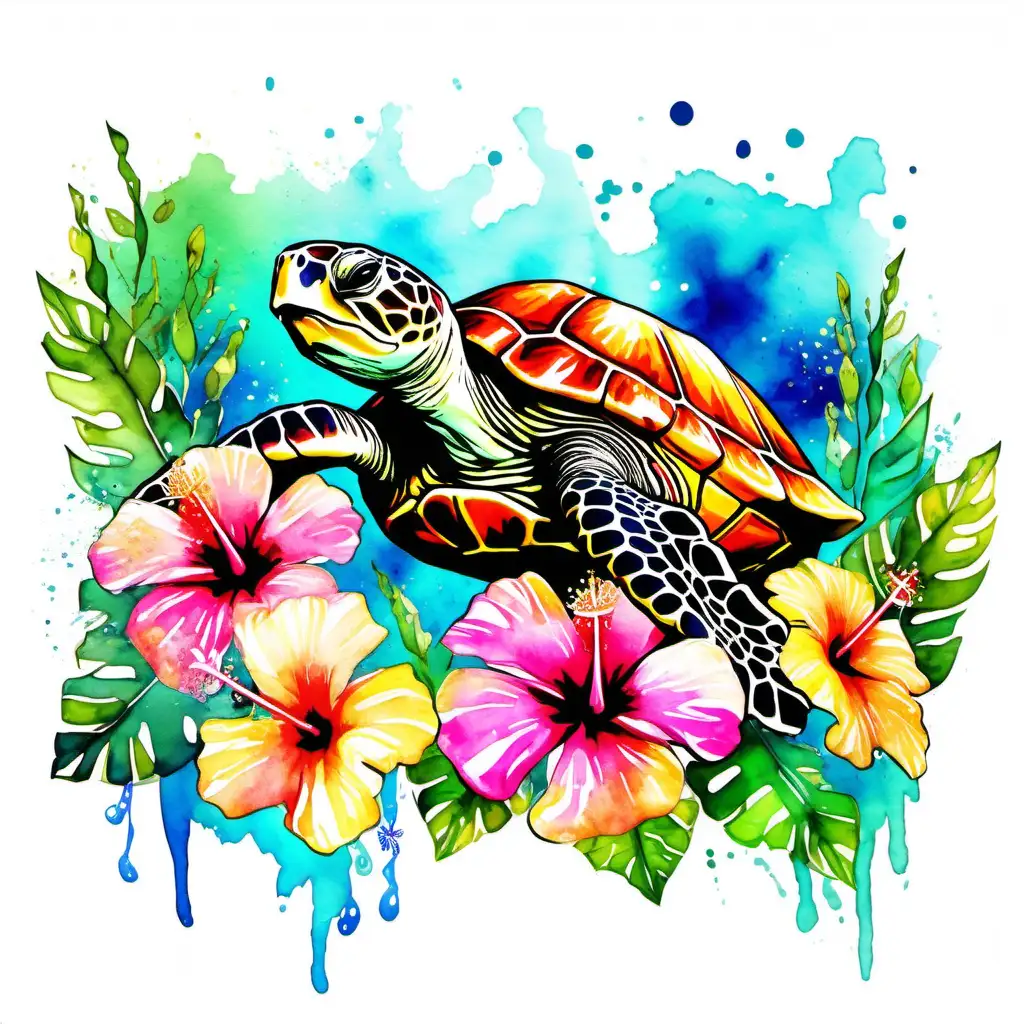 vibrant, happy sea turtle, with hibiscus flowers, bright colors, watercolor vibe, no background
