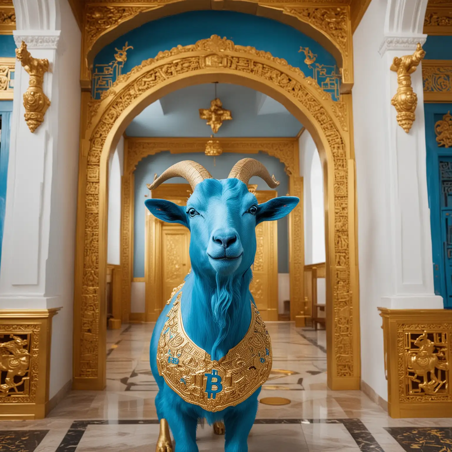 Majestic Blue Goat Roaming within a Gilded Palace Amongst Bitcoin Wealth