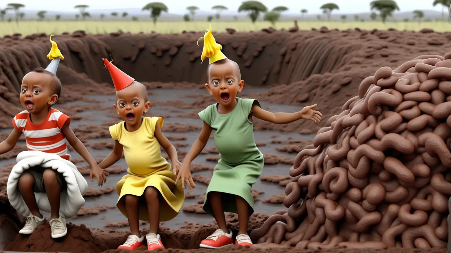 Ethiopian Twins Soaring Through a Whimsical Poop Tsunami in Dr Seuss Style