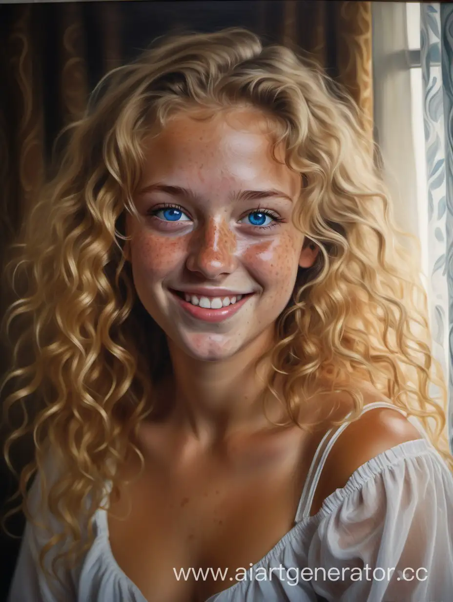 painting of a beautiful 22 year old Australian woman, she is pretty, she has blue eyes, she has prominent tan lines, she has freckles, she has long curly dirty-blonde hair that is parted in the middle and falls in curtains, she has a beautiful mischievous face, smiling, beaming, very cute, perfect, sense of wonder, Velazquez painting style