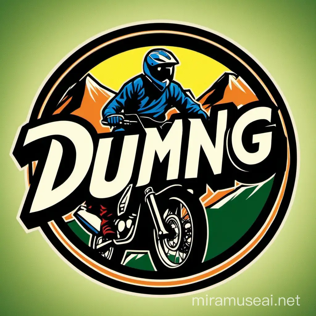 A vivid round logo with the word DUMUNG in it, that shows a rally motorbike and a rider climbing a mountain.