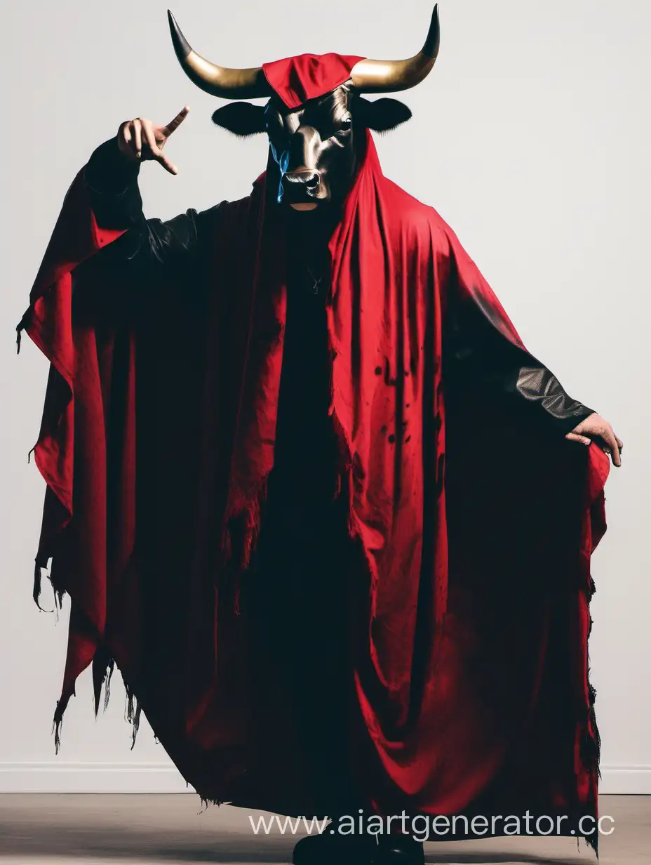 a man with real bull head on his head, doing east side handsign with both hands with long bloody cloak on him