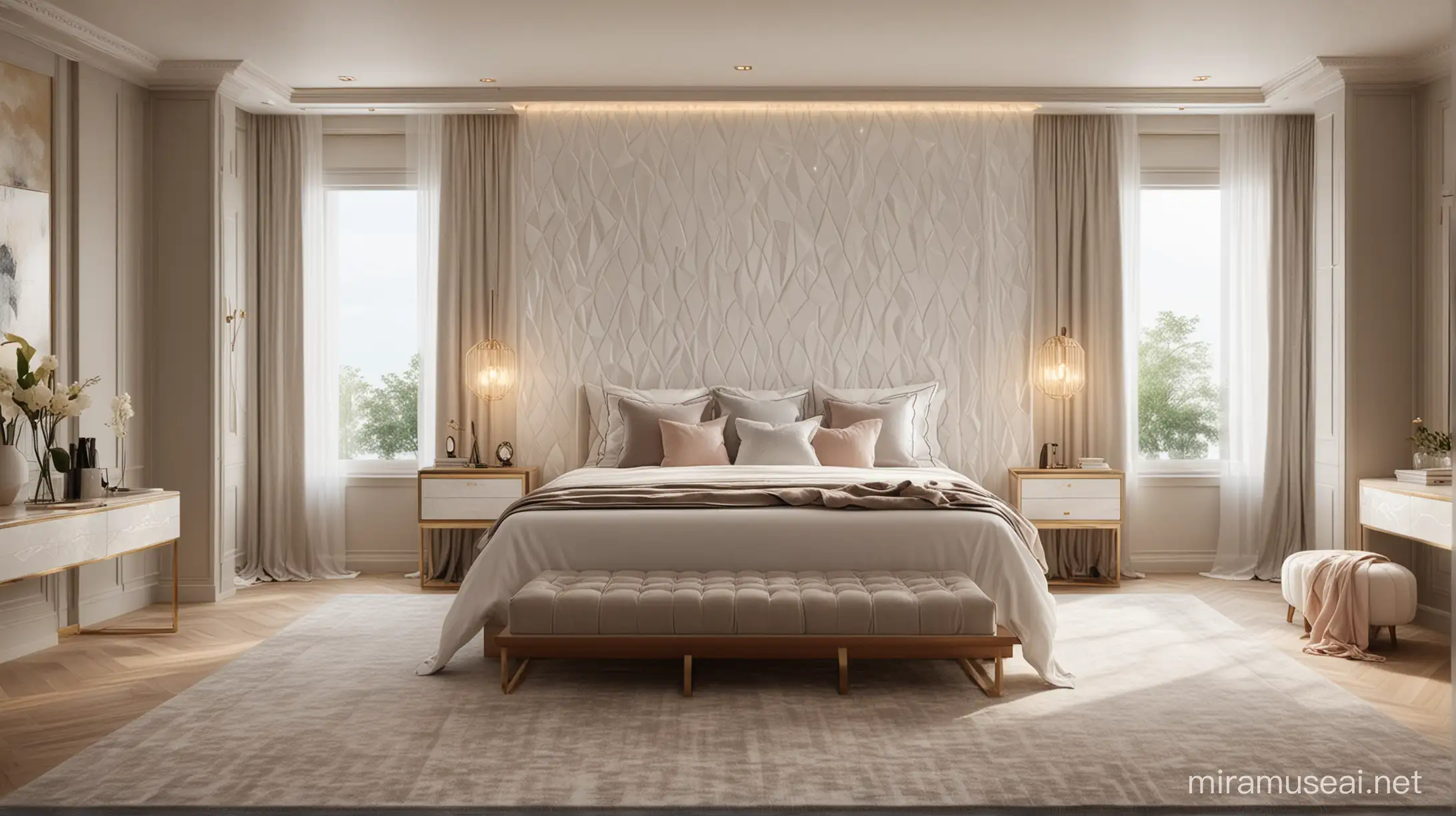 Modern bedroom design with 1 French-style window with luxurious wall paneling and hanging lights on one side of the bed and wall lights on the other side of the bed. The bed must have geometrical bedcovers with a footbed. 