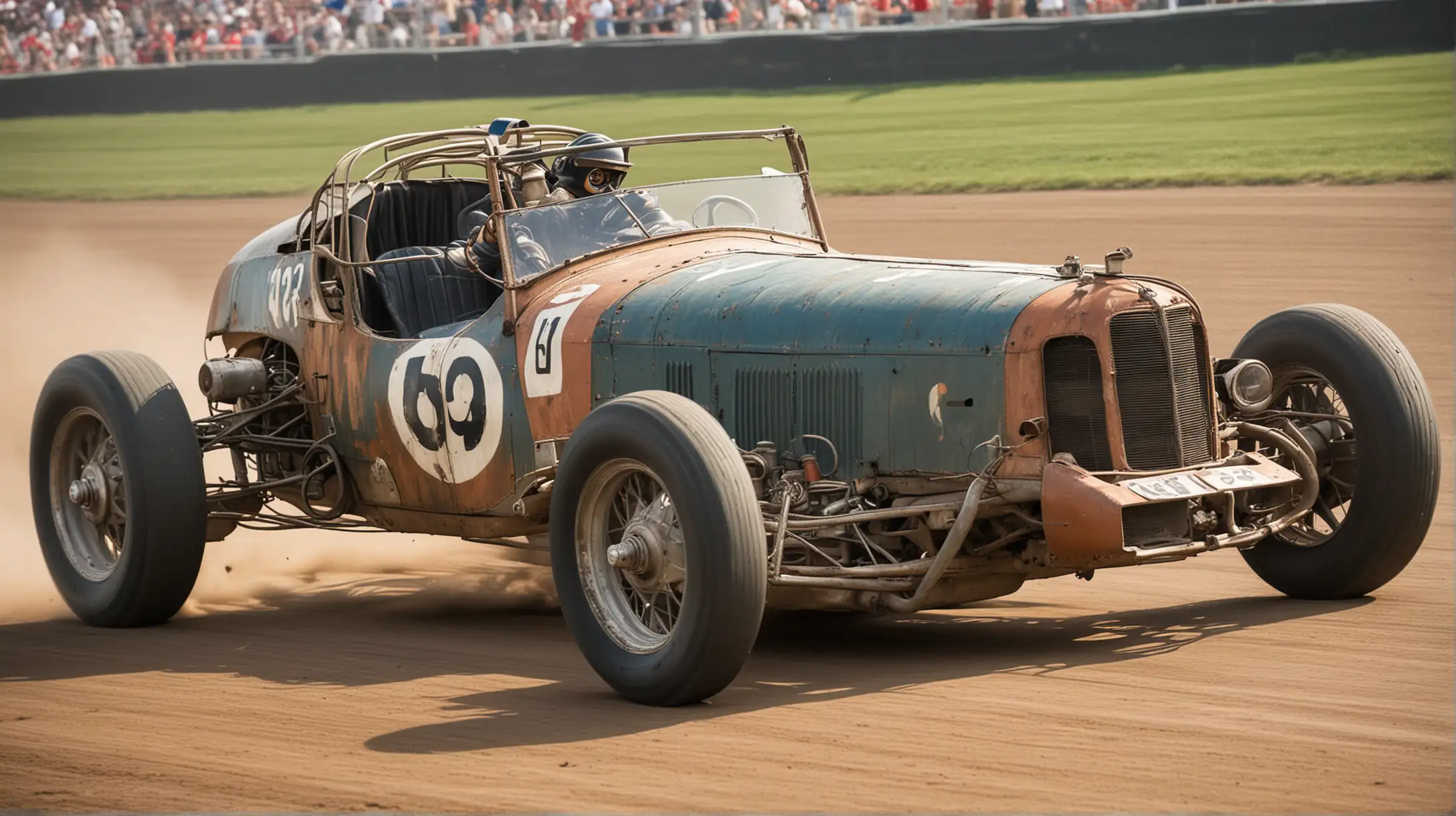 Vintage Speedway Race Car Roaring on Dusty Track