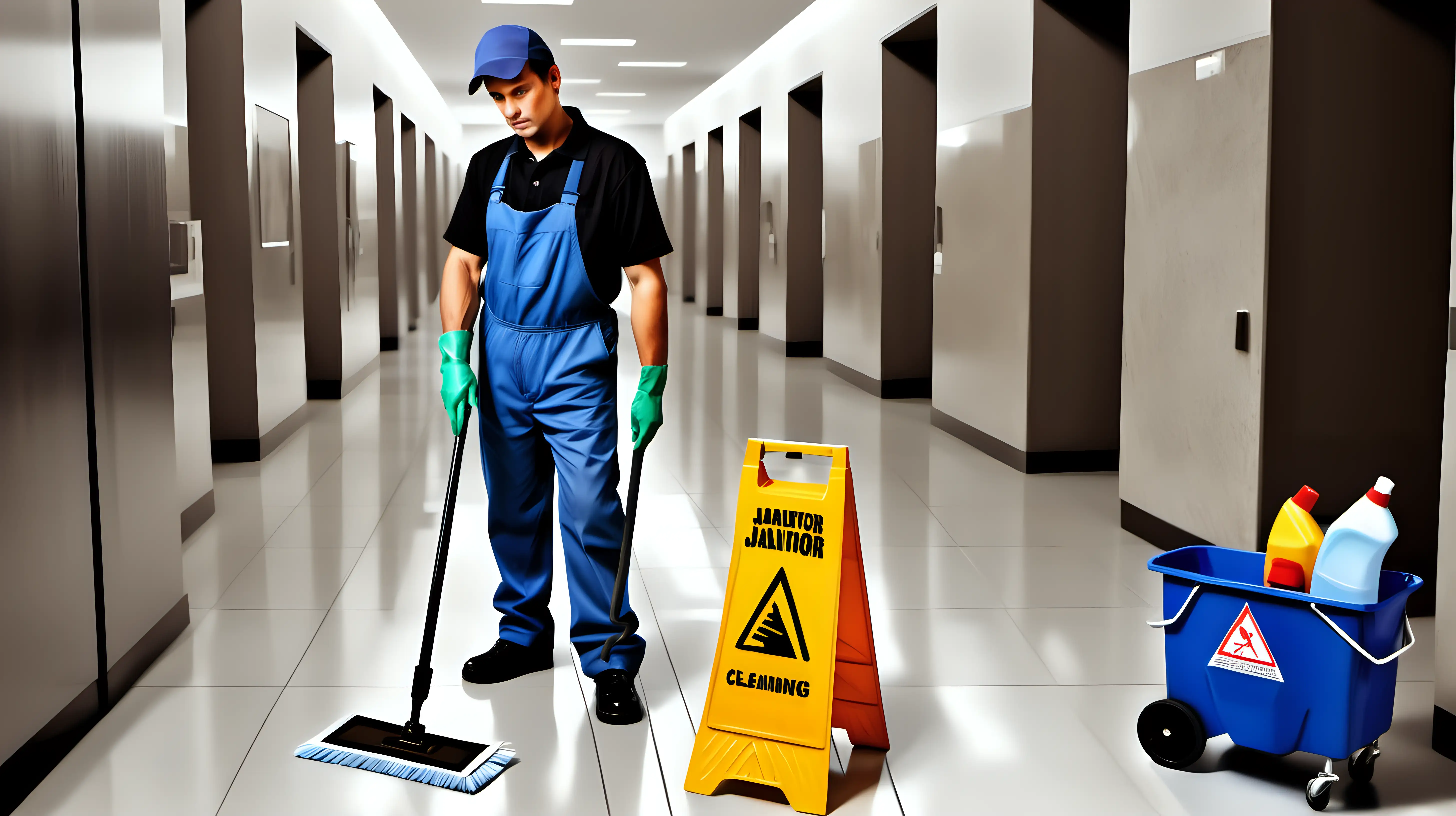 Diligent Janitor Cleaning Public Space with Weariness