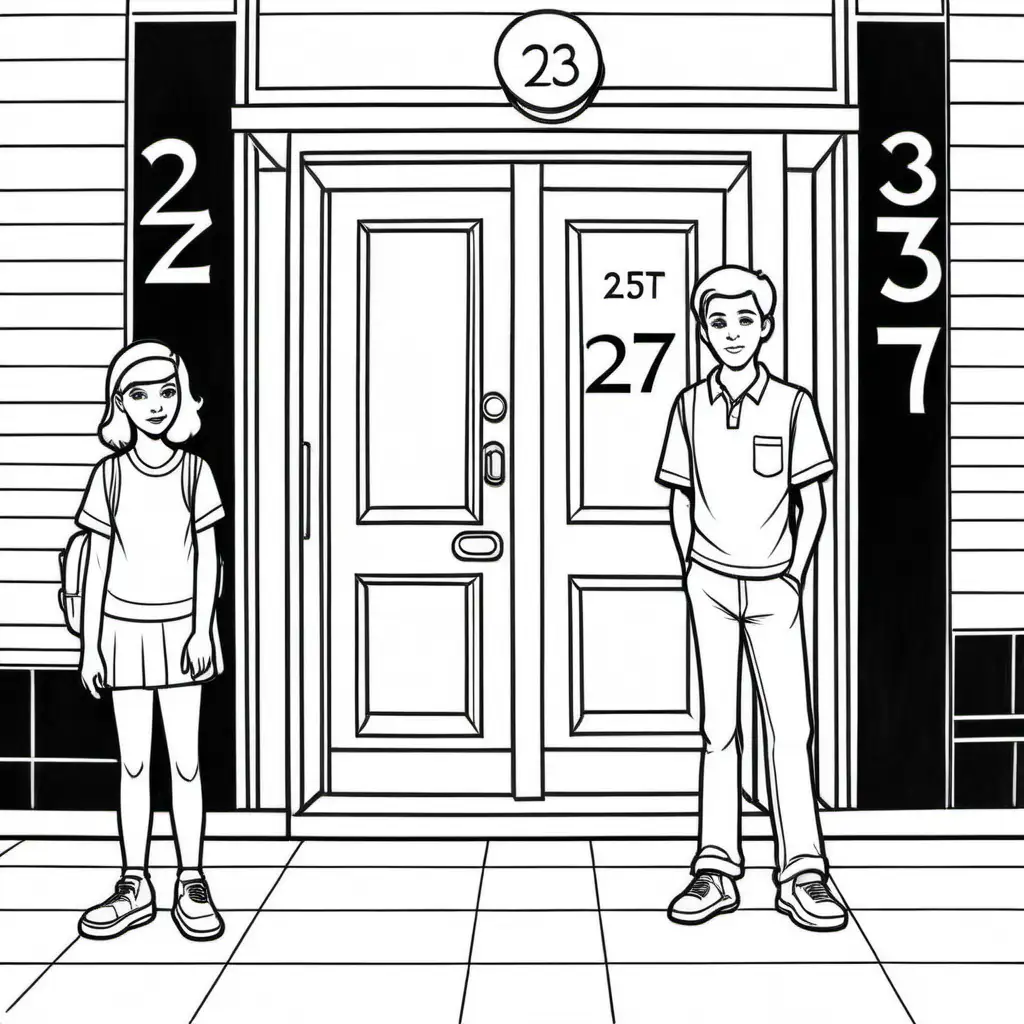 simple black and white coloring book drawing of two older teenagers standing in front of hotel door number 237    