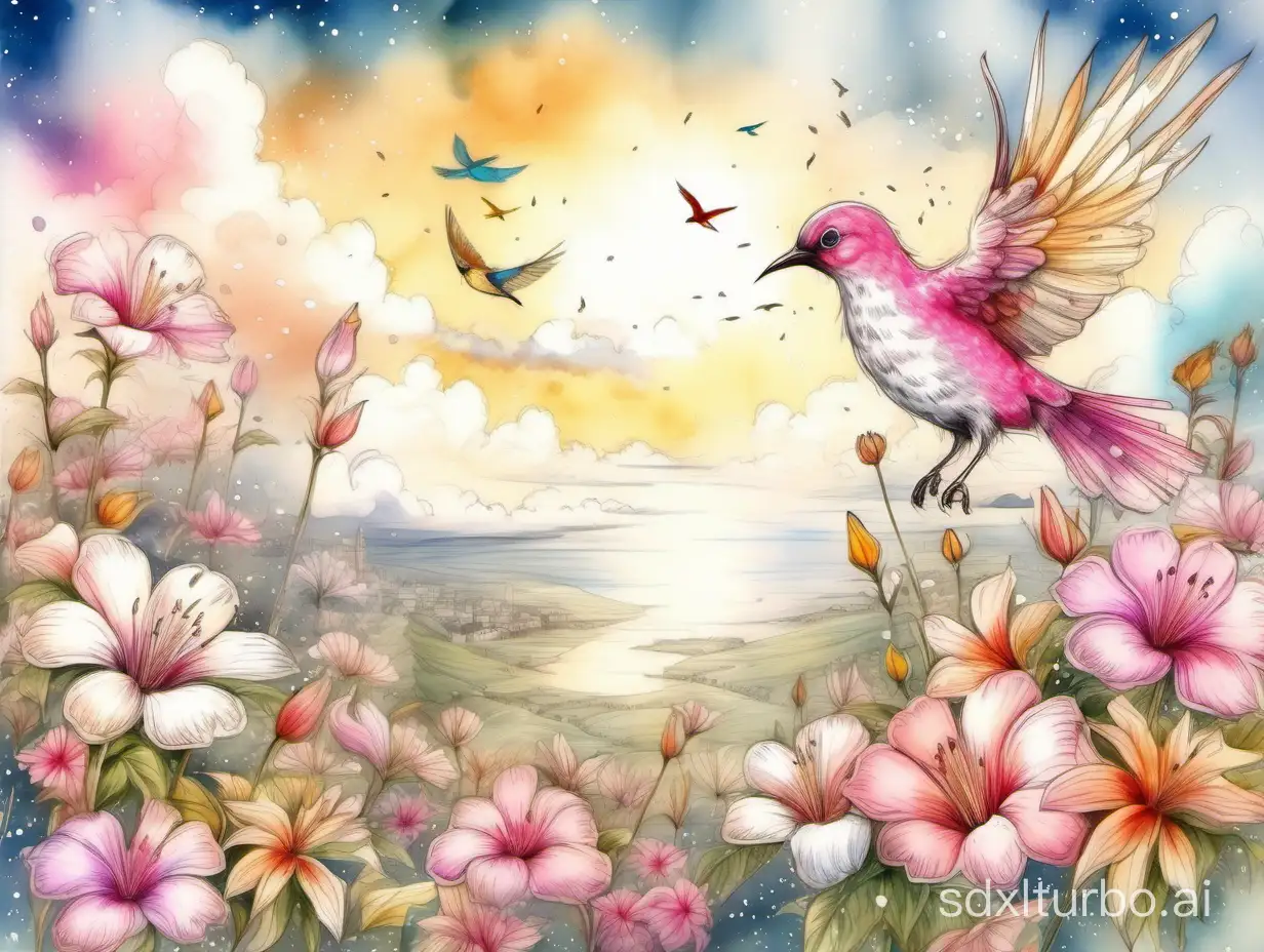magical landscape in beautiful colors,  sweet and delicate design of pink and white flowers, paradise bird, bright and colorful cloudscape, sunshine, golden splatters, richly detailed pencil drawing and watercolor