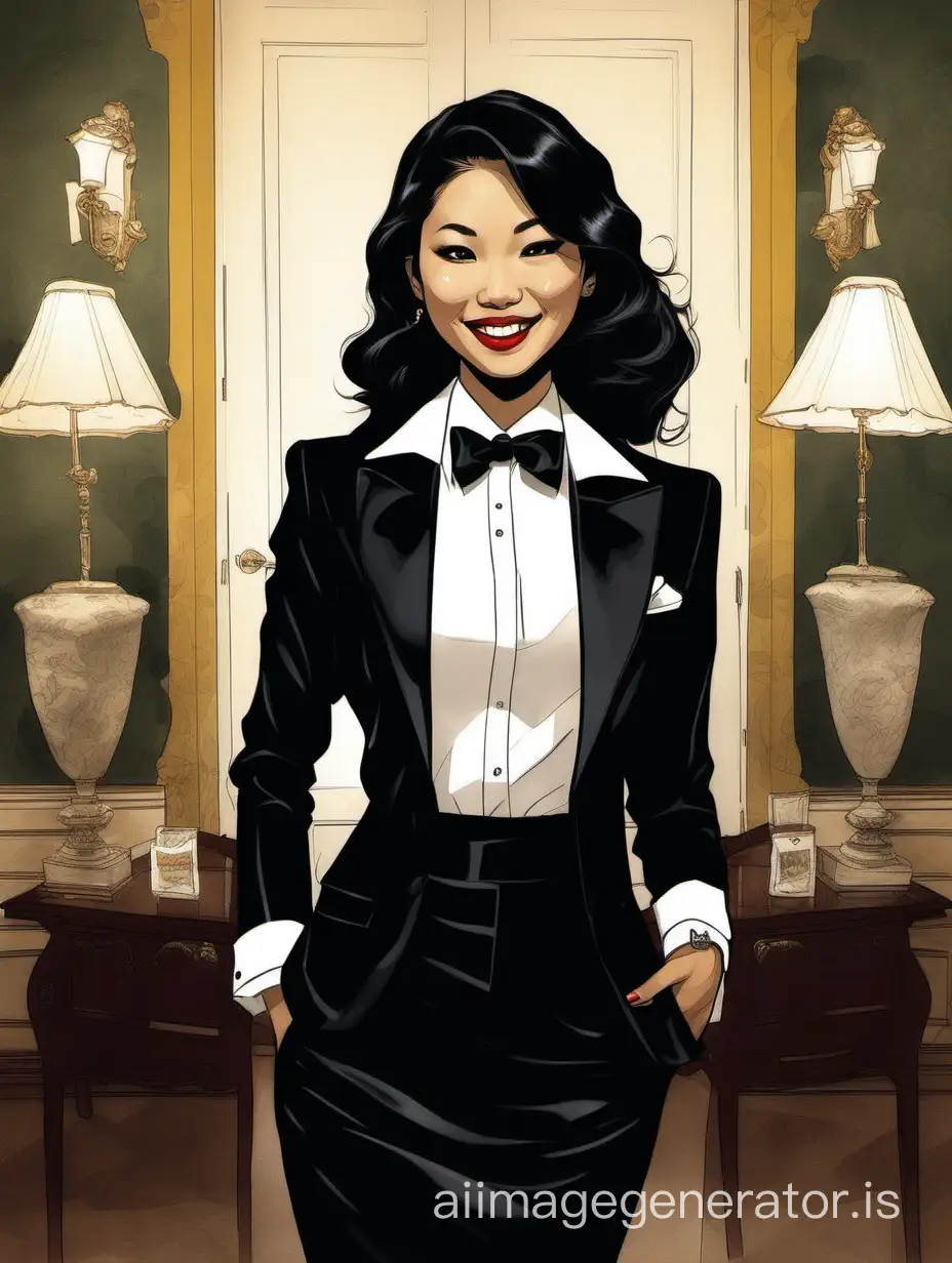 The scene is a dimly lit room in a wealthy mansion. A beautiful smiling and laughing Vietnamese woman with tan skin, long black hair, and lipstick, mid-twenties of age, is standing in the corner of a room. She is wearing a tuxedo with a black jacket.  The jacket has a corsage. Her shirt is white with double french cuffs and a wing collar.  Her bowtie is black.   Her cufflinks are large and black.