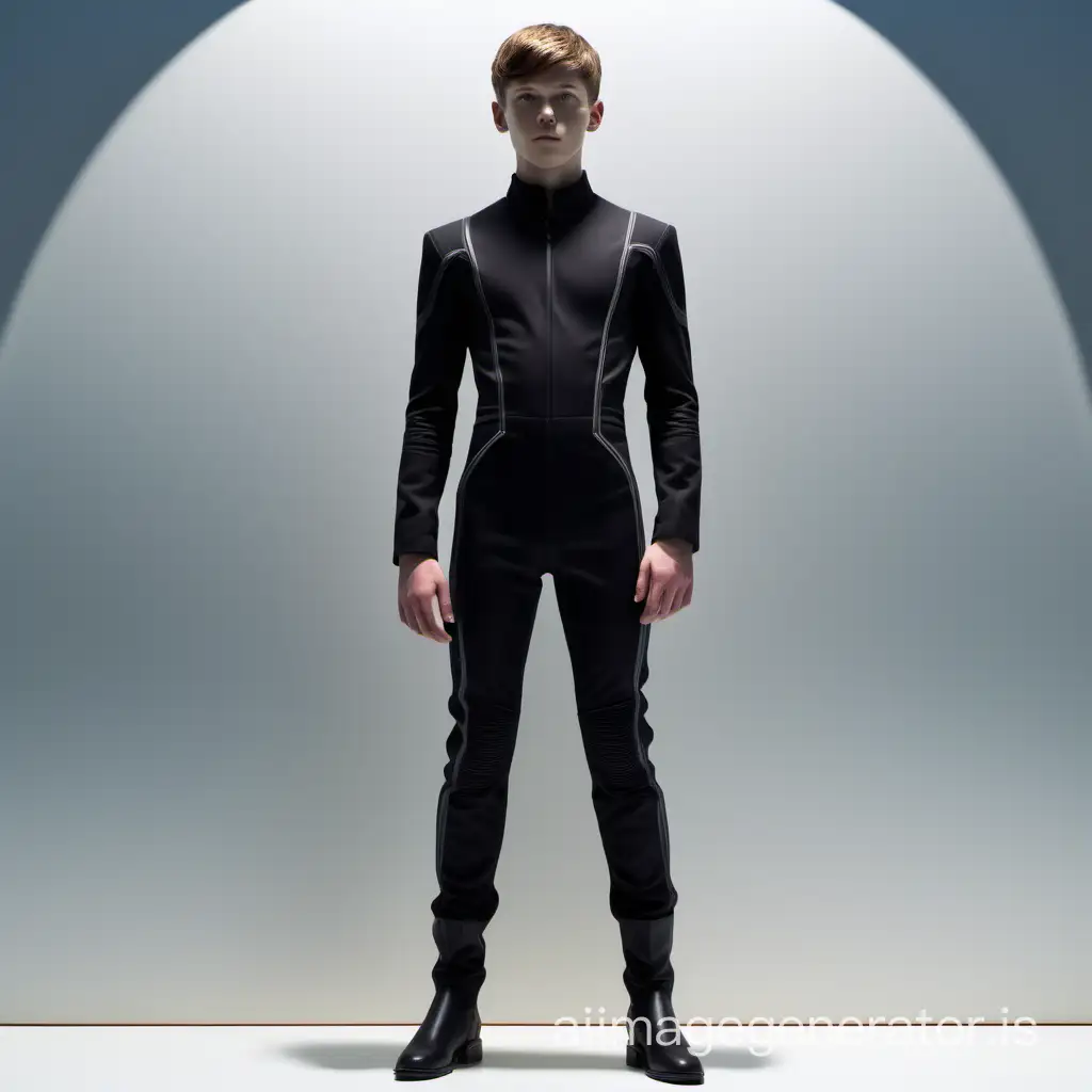 Slim-Teenager-in-Matte-Black-SciFi-Jumpsuit-Standing-Before-Light-Wall