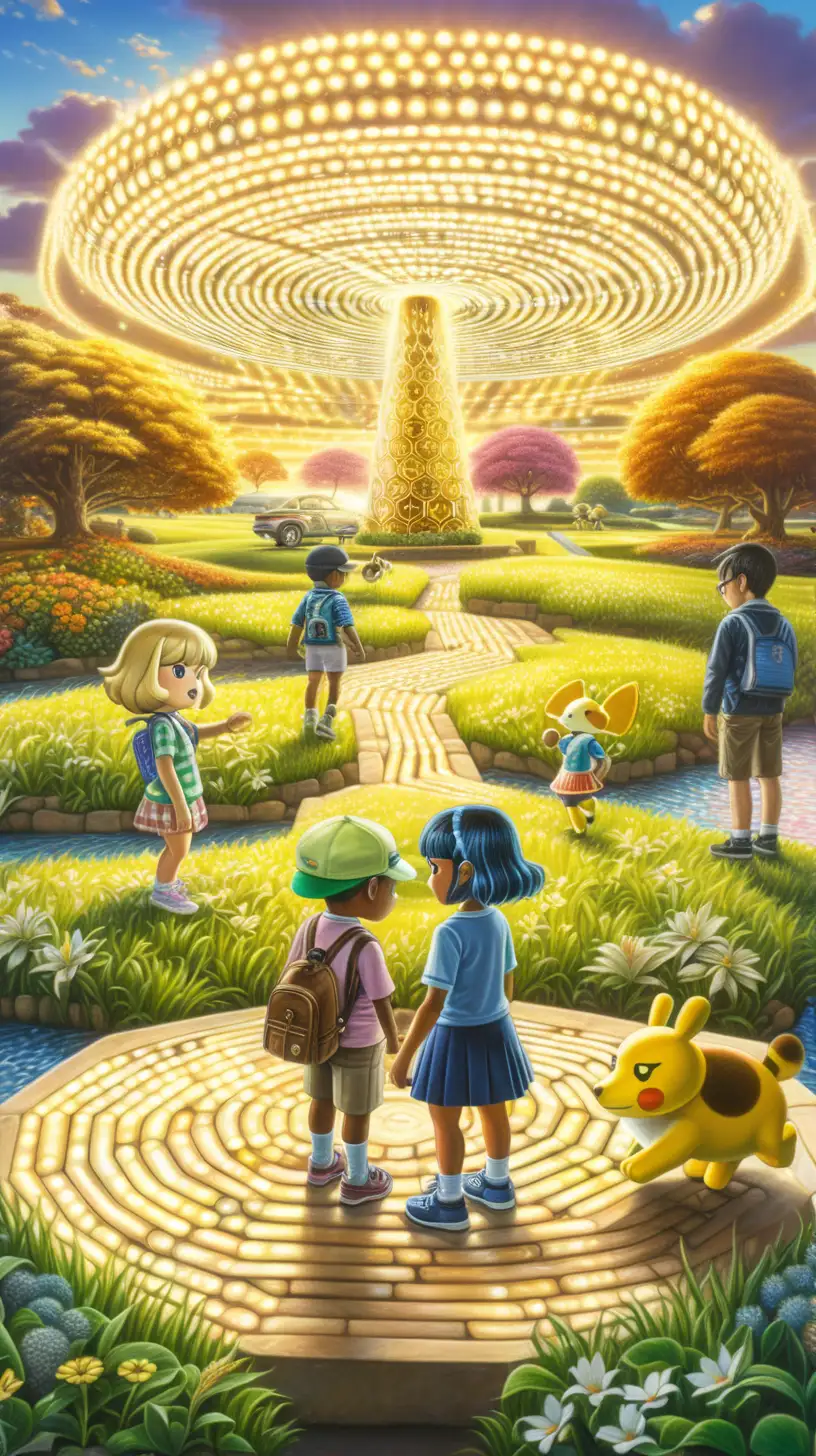 Magical Animal Crossing Characters in a Spiraling Photocollage during Golden Hour