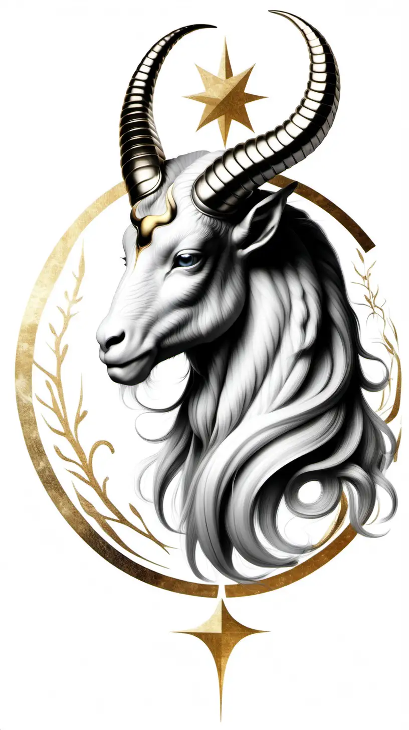 Realistic Capricorn Zodiac Art in Black and White with Gold Accents on a White Background