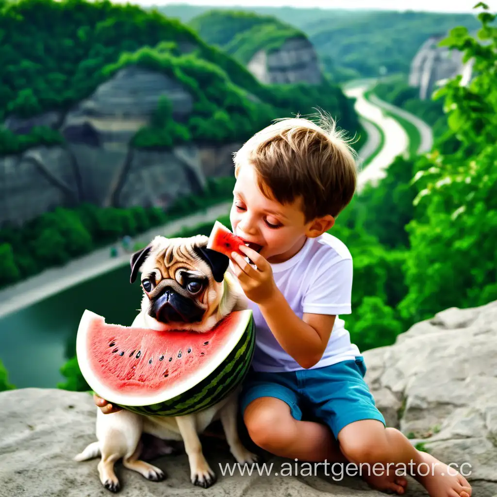 Мальчик с красивым мопсом едят арбуз в полете с обрыва