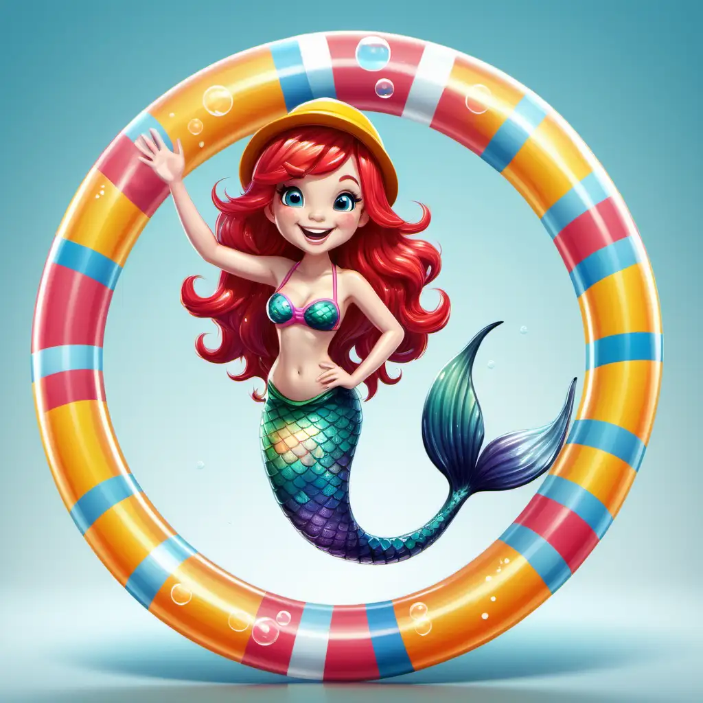Adorable RedHaired Cartoon Mermaid with Colorful Swim Ring and Cheerful Smile