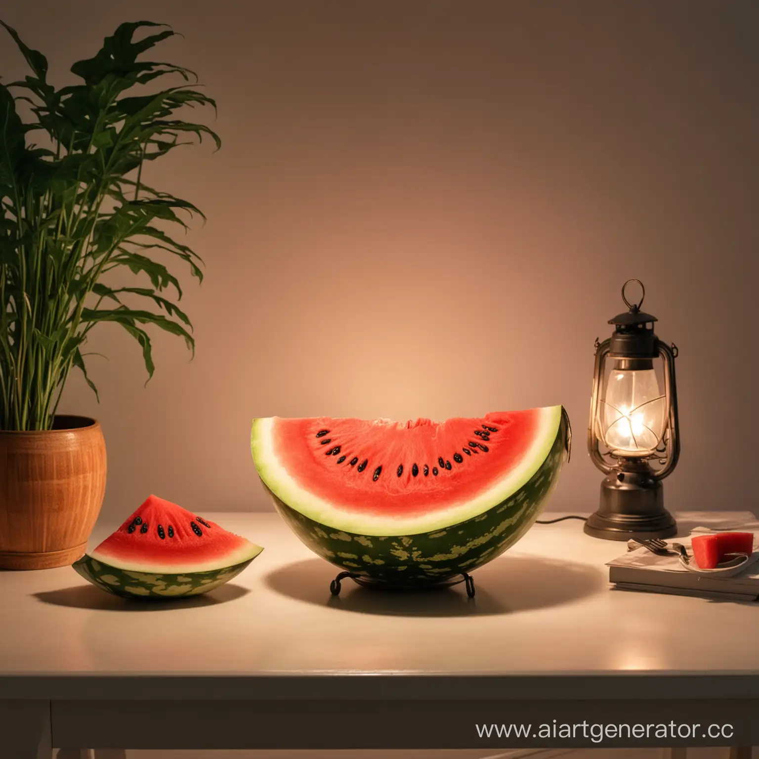 The watermelon is lying on the table and it is illuminated by a lamp

