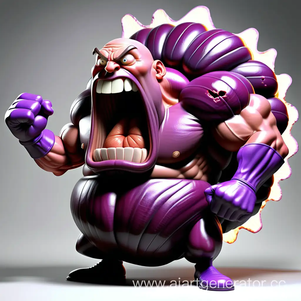 большой фиолетовый баклажан сдувает вентилятор, накаченный, сила, злой, реалистичный, большие мышцы
