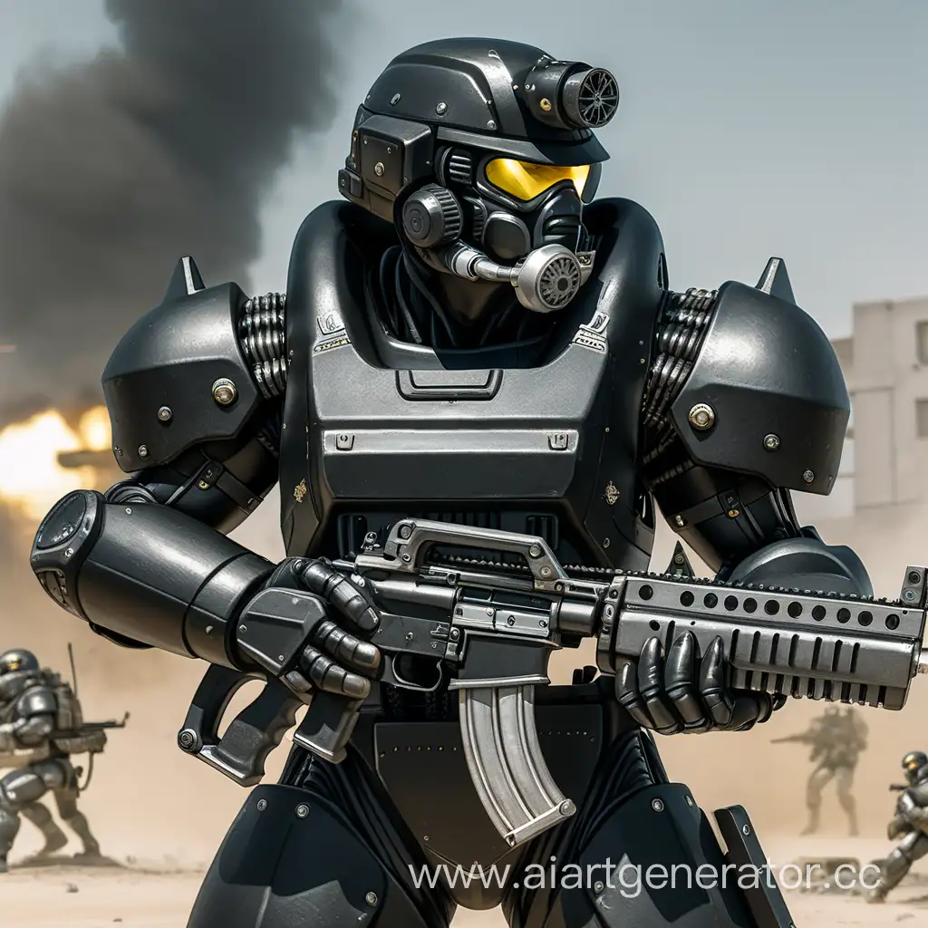 A soldier in black power armor with a machine gun