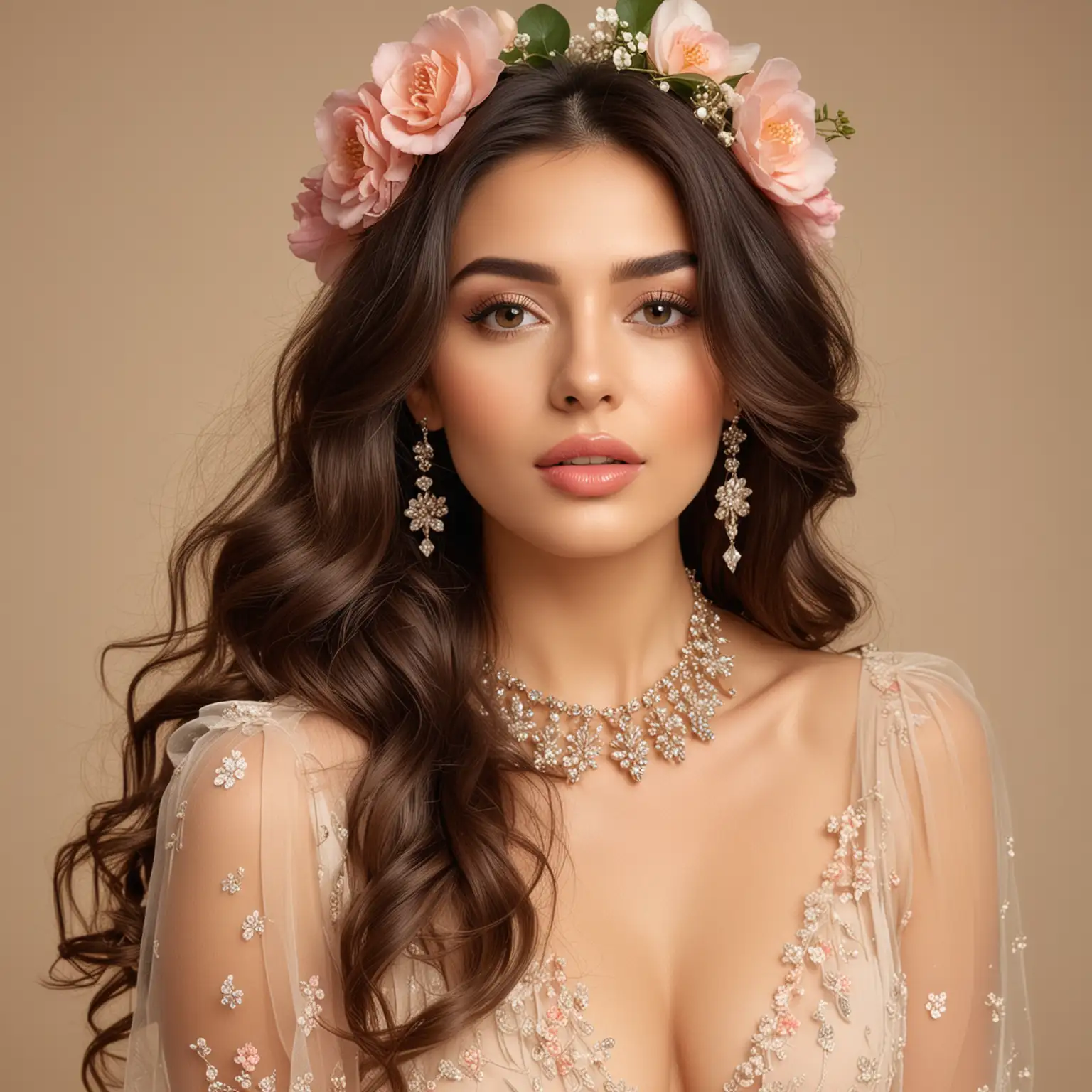 photoshoot with beige background of beautiful woman, dressed nicely with sheer blouse, nice jewelry, beautiful lips, makeup, long wavy hair, with floral props all around her