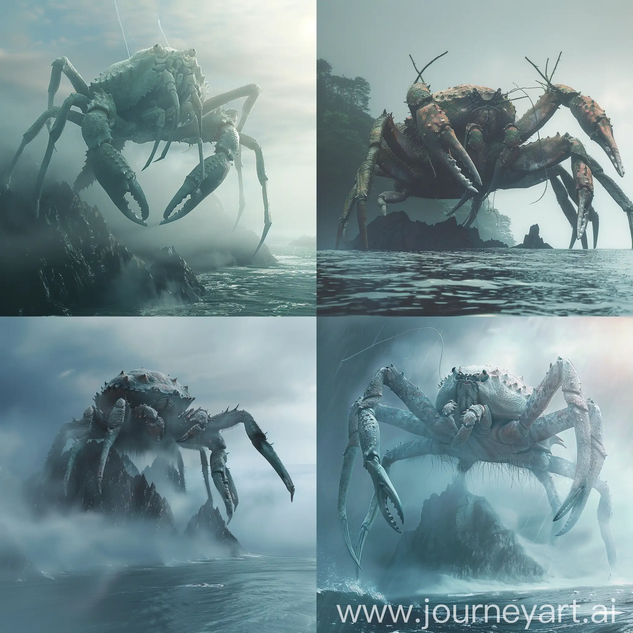 Eldritch-Giant-Crab-Monster-Emerging-from-Ocean-Mist-on-Desolate-Island