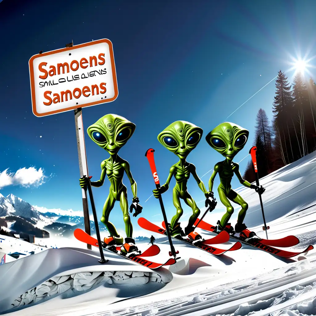 petits aliens qui font du ski sur une piste avec un panneau SAMOENS