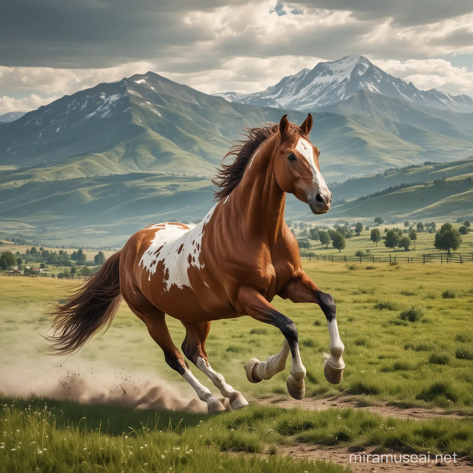 brown realistic horse with a lot of whit spots running on the countryside, the scenario is western-like open green field with mountains on the background
