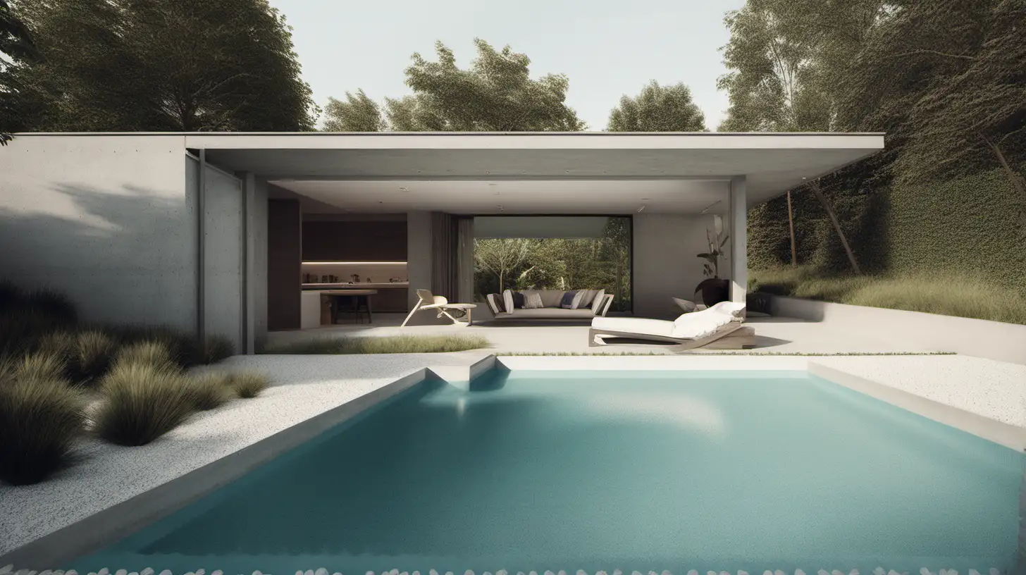 Modern Concrete Terrace with Decorative Granules Surrounding a Summer Swimming Pool