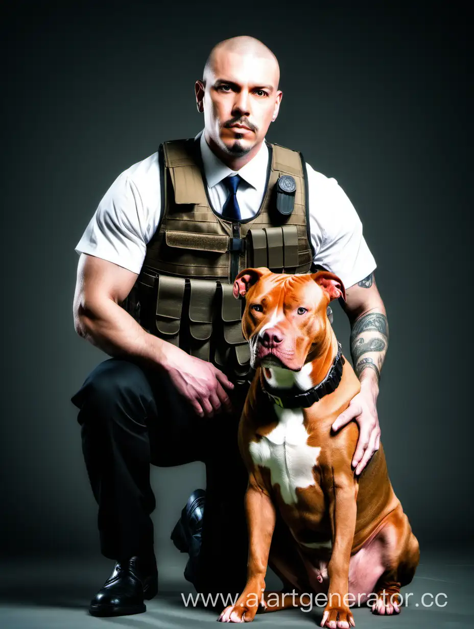 Man-in-Bulletproof-Vest-with-Sitting-Red-American-Staffordshire-Terrier
