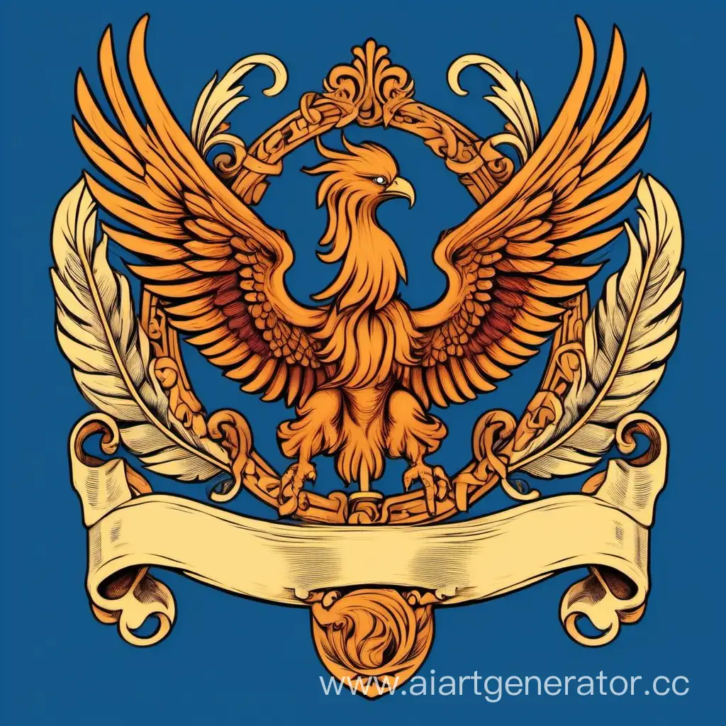 Majestic-Coat-of-Arms-Phoenix-with-Scroll-and-Feather-on-Blue-Background