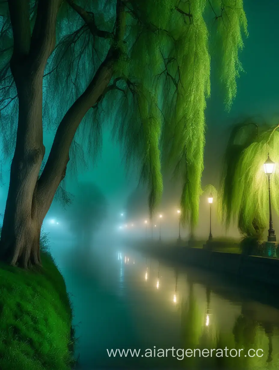 Каменная набережная реки ночью со старыми большими ивами с длинными зелёными листьями  плывёт густой туман 