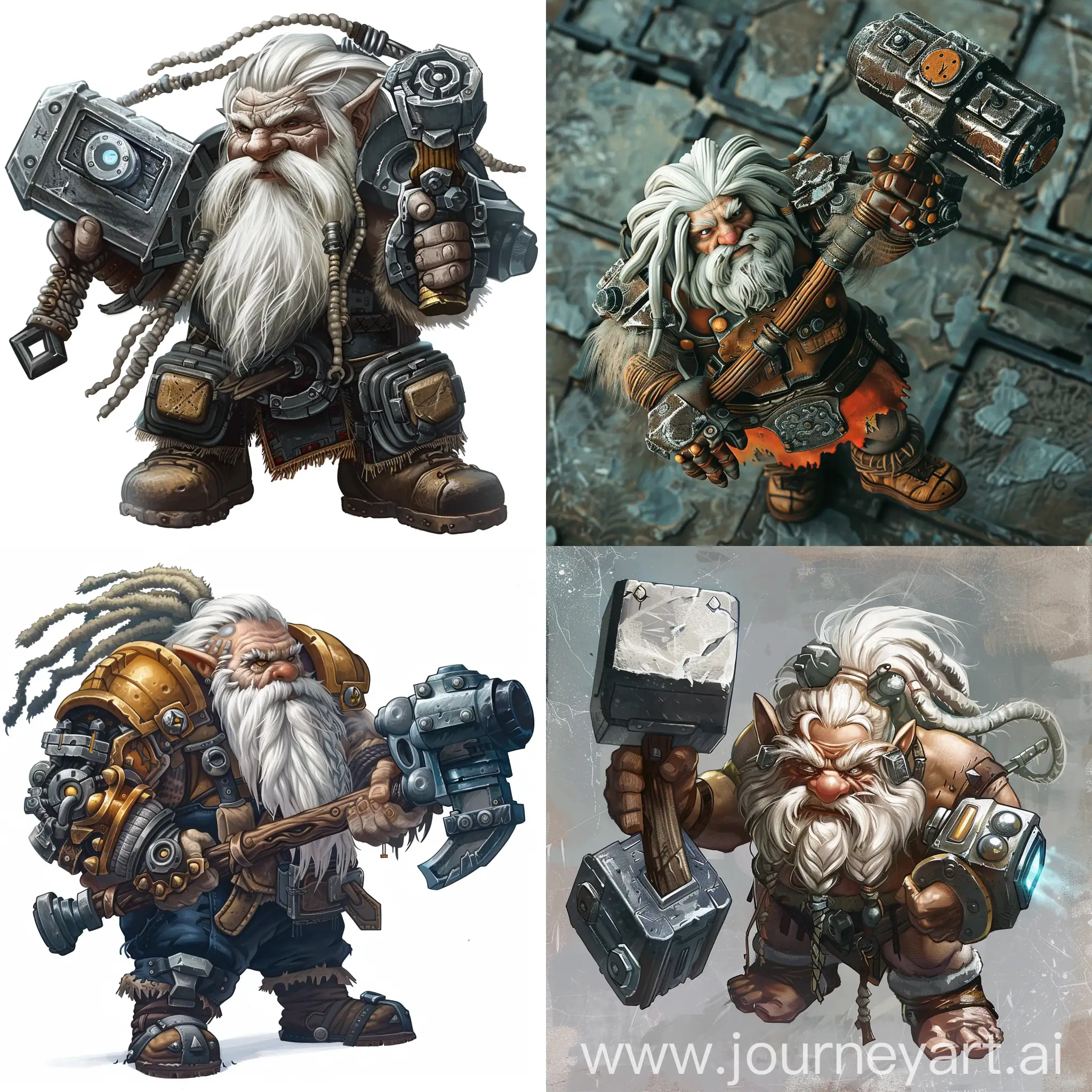 topdown picture of a dwarf with a metal arm carrying a large mechanical hammer white hair large beard dreadslocks. Dnd, dungeons and dragons,  token topdown style