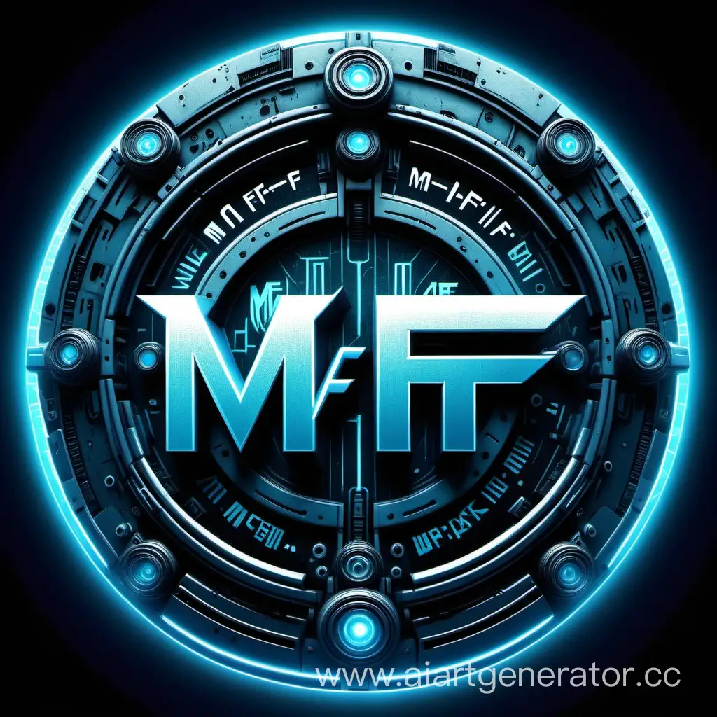 Голубой черный фон в стиле киберпанка с надписью M & F в кружочке