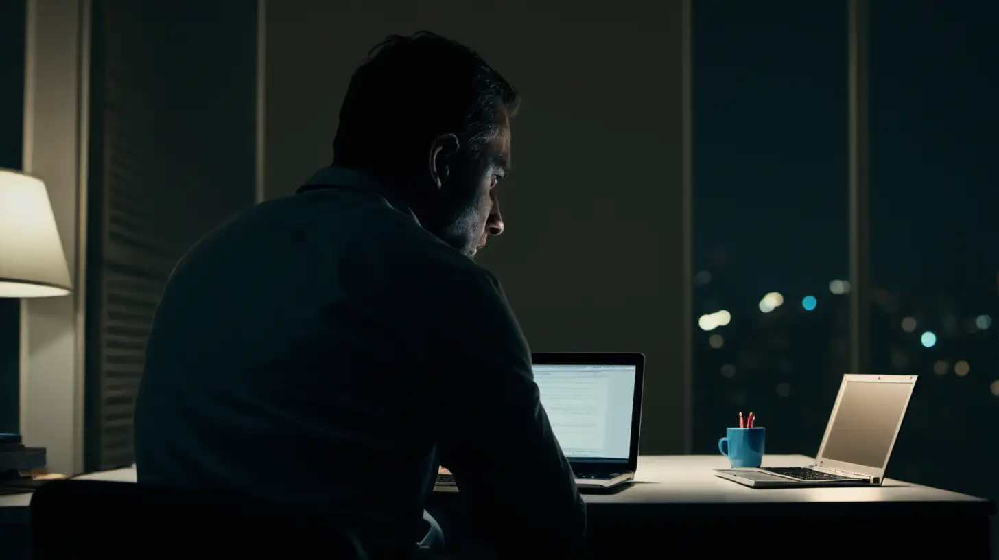 ein Mann sitzt in seinem Büro, es ist spät nachts, er ist allein, nur sein Laptop leuchtet ihn an, er ist frontal von vorne zu sehen