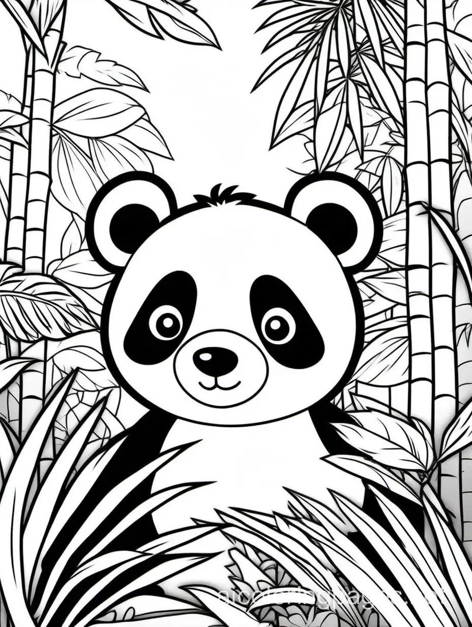 Cute panda in a jungle , Coloring Page, black and white, line art, white background, Simplicity, Ample White Space. The background of the coloring page is plain white to make it easy for young children to color within the lines. The outlines of all the subjects are easy to distinguish, making it simple for kids to color without too much difficulty