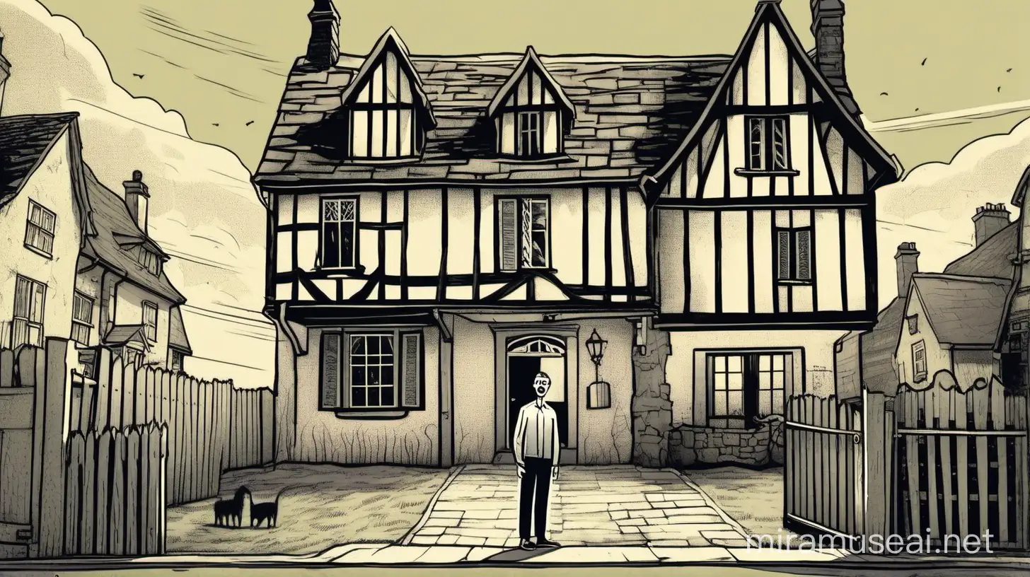 A happy man is standing in front of a two-storey house in an English village. An illustration for a horror story video podcast.