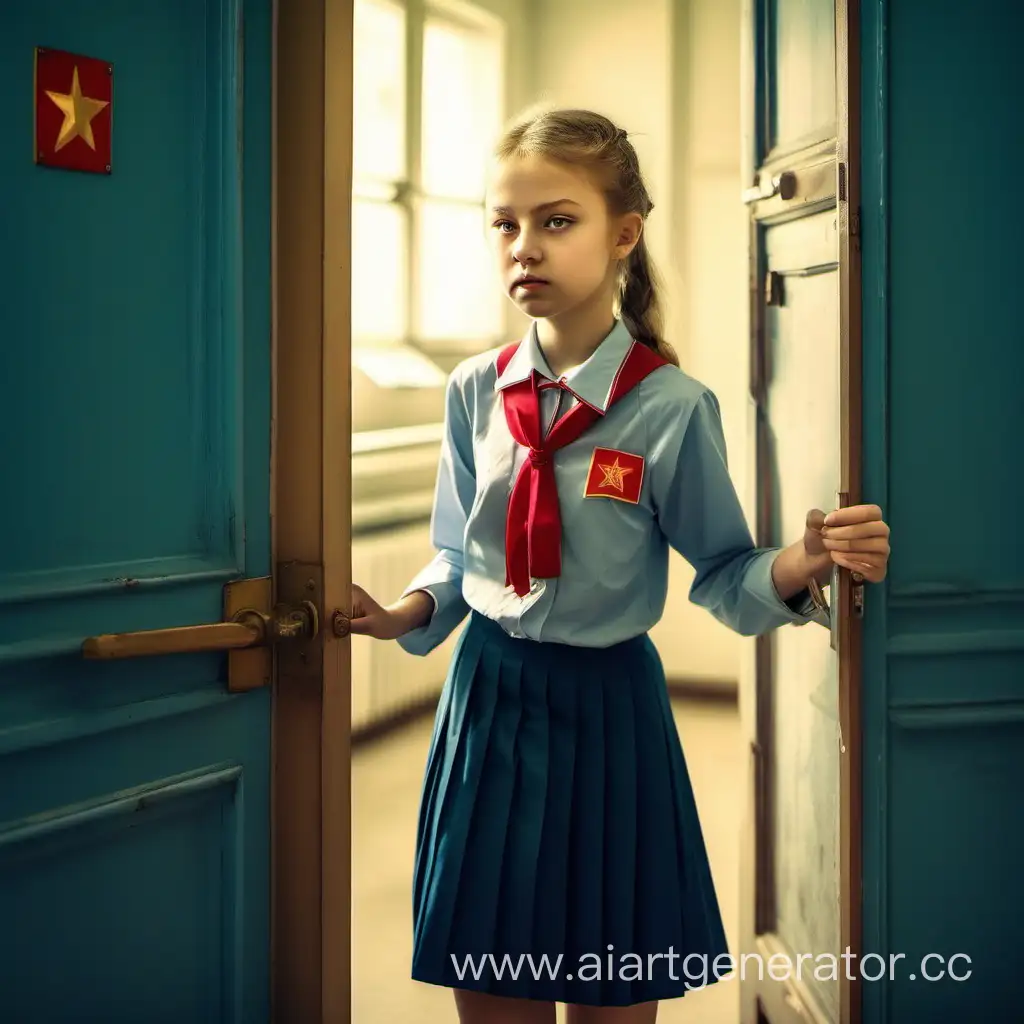 Девочка в советской школьной форме открывает дверь на экзамен