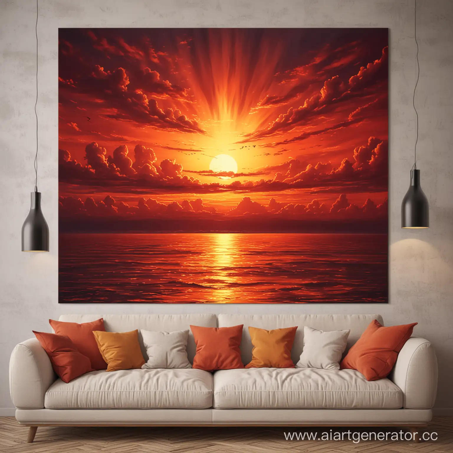 Vibrant-Red-Fiery-Sunset-Painting-with-Silhouetted-Landscape