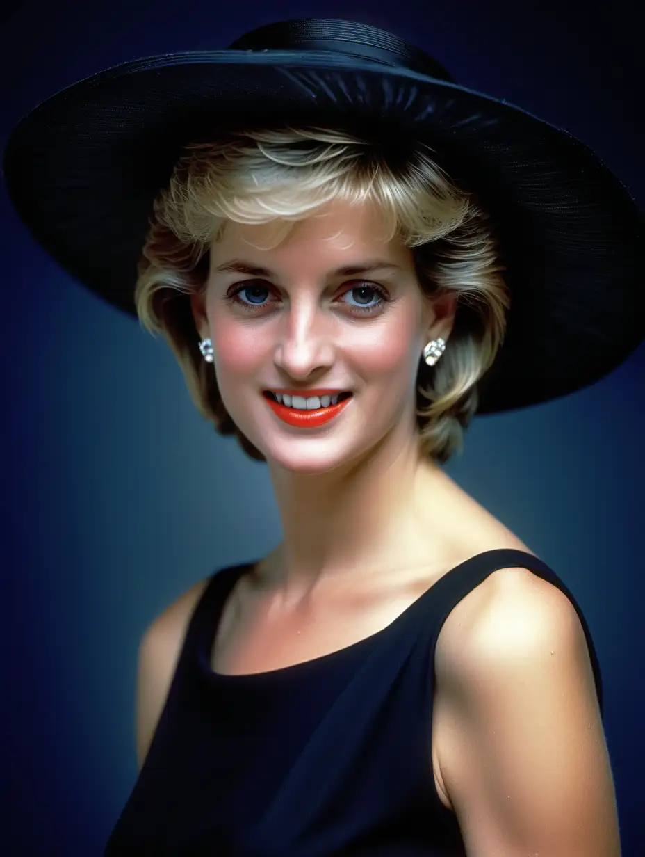 Diana, Princess of Wales (1961-1997): The People's Princess (Image of Diana, Princess of Wales), red lips, smile and look at camera in black dress wearing a widebrimmed hat that also contains gloves foto, in the style of black and white mastery, natalia drepina, celebrity image mashups, captivating gaze, i can't believe how beautiful this is, Miki Asai Macro photography, close-up, hyper detailed, trending on artstation, sharp focus, studio photo, intricate details, highly detailed, by greg rutkowski