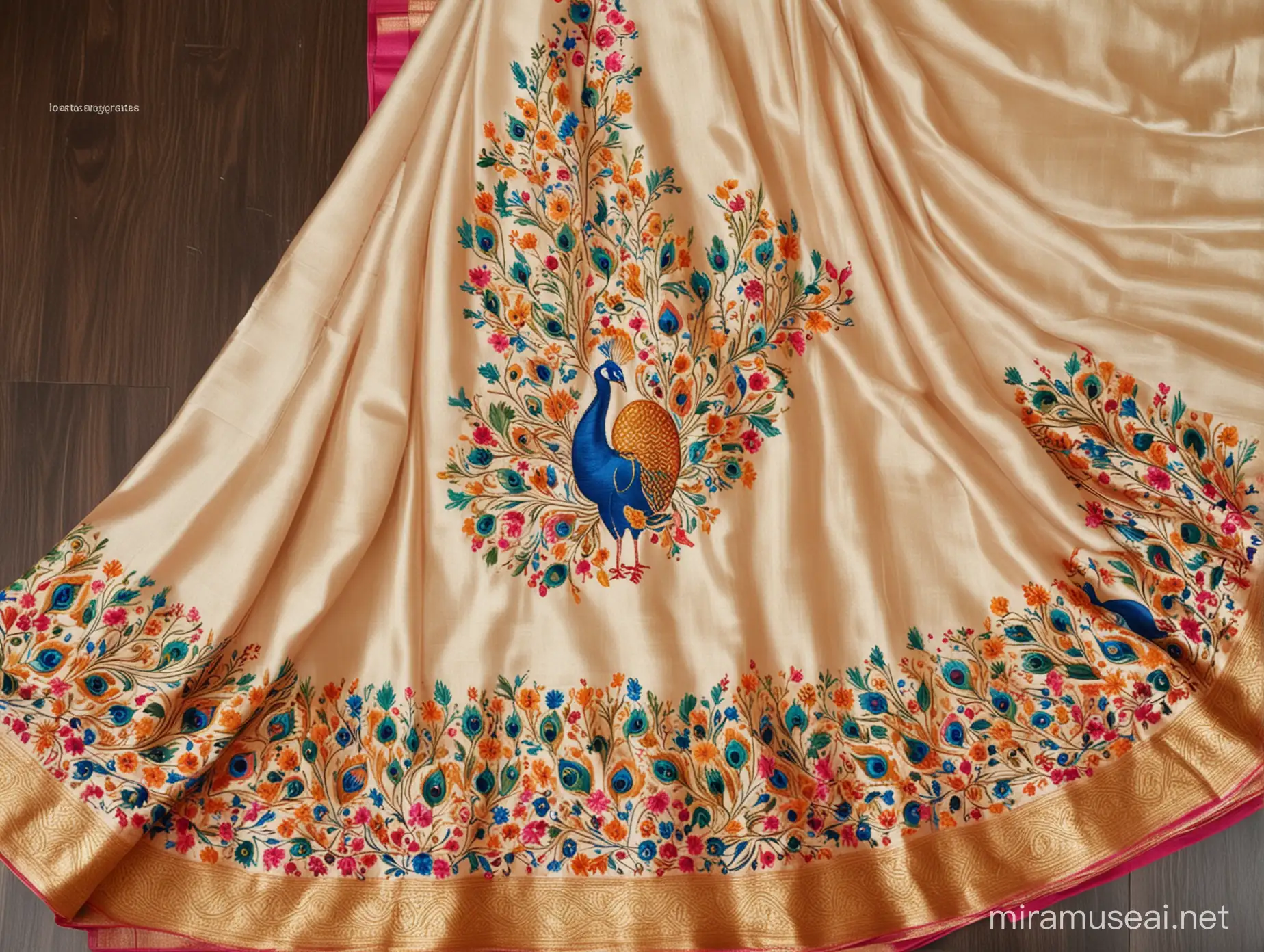 Paithani saree with peacock design embroidered on it