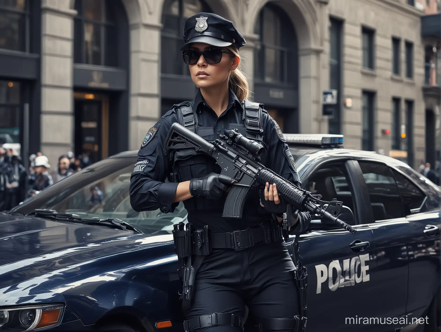Create an image of the beautiful police women with special force uniform, with rifle on her arm, use a dark sunglasses, sitting on her super car police station, background new york city, high contrast, high resolution, symmetrical eyes, hyper realistic,ultra HD