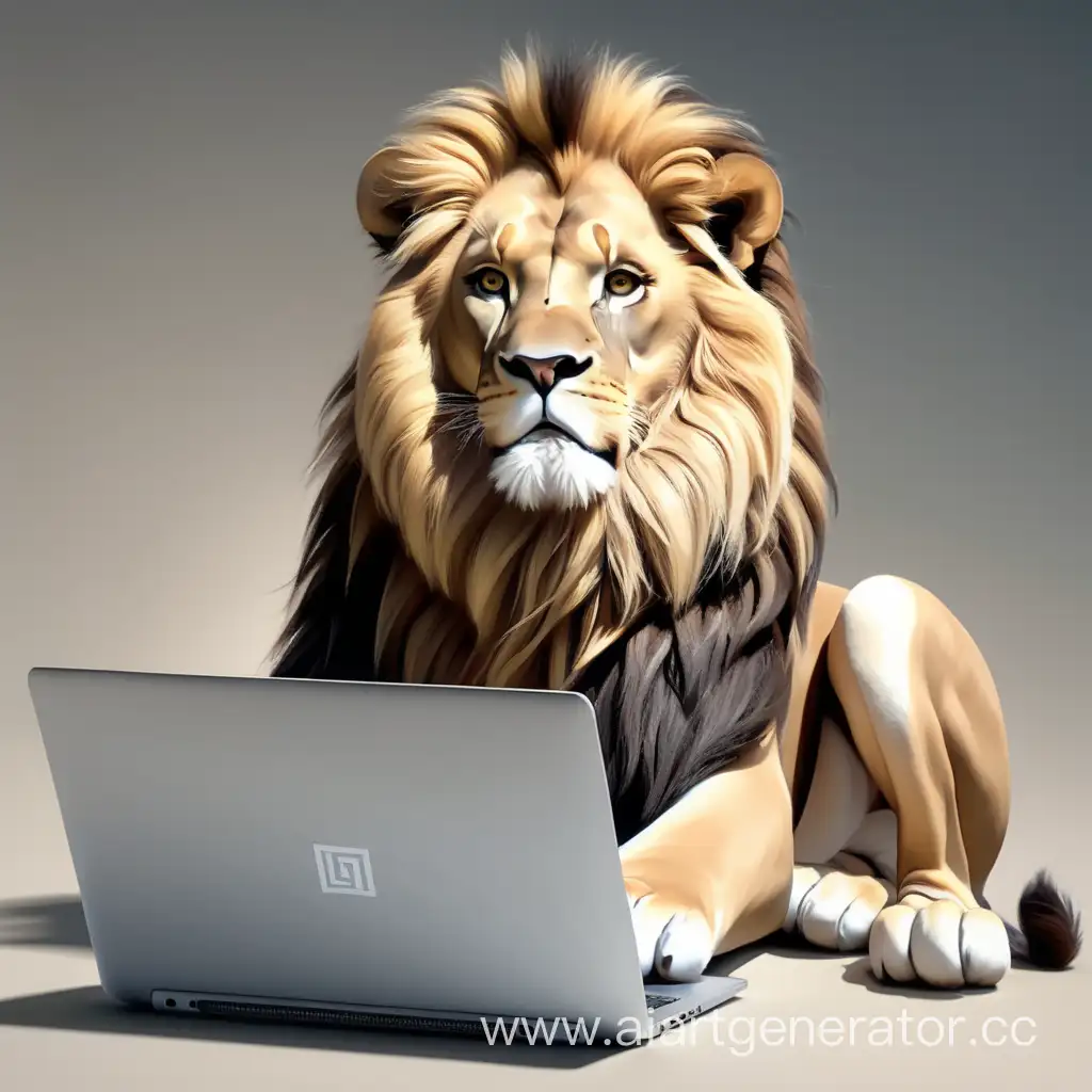 Лев программирует за ноутбуком 