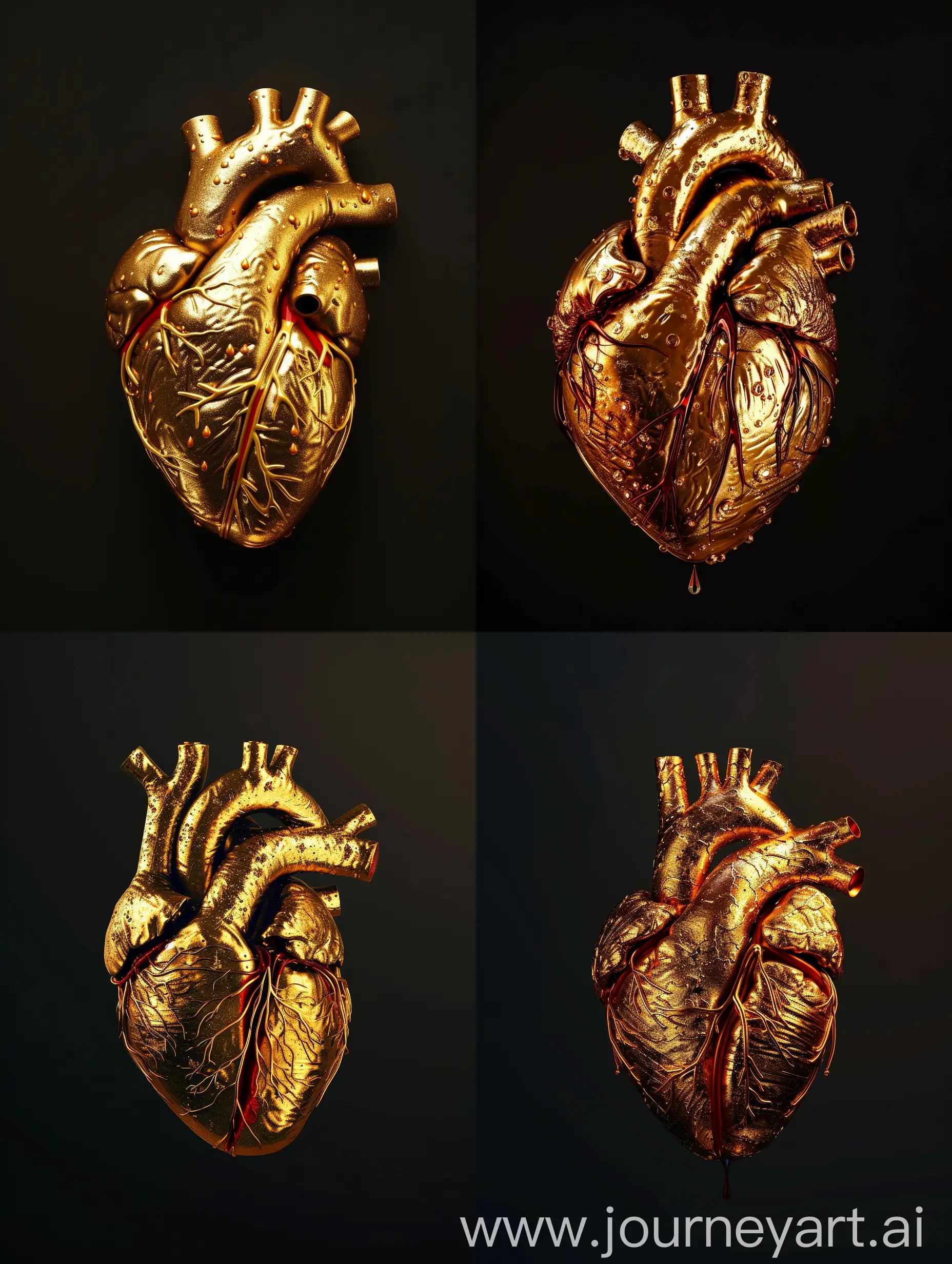 A golden human heart, with blood in its veins, on a black background
