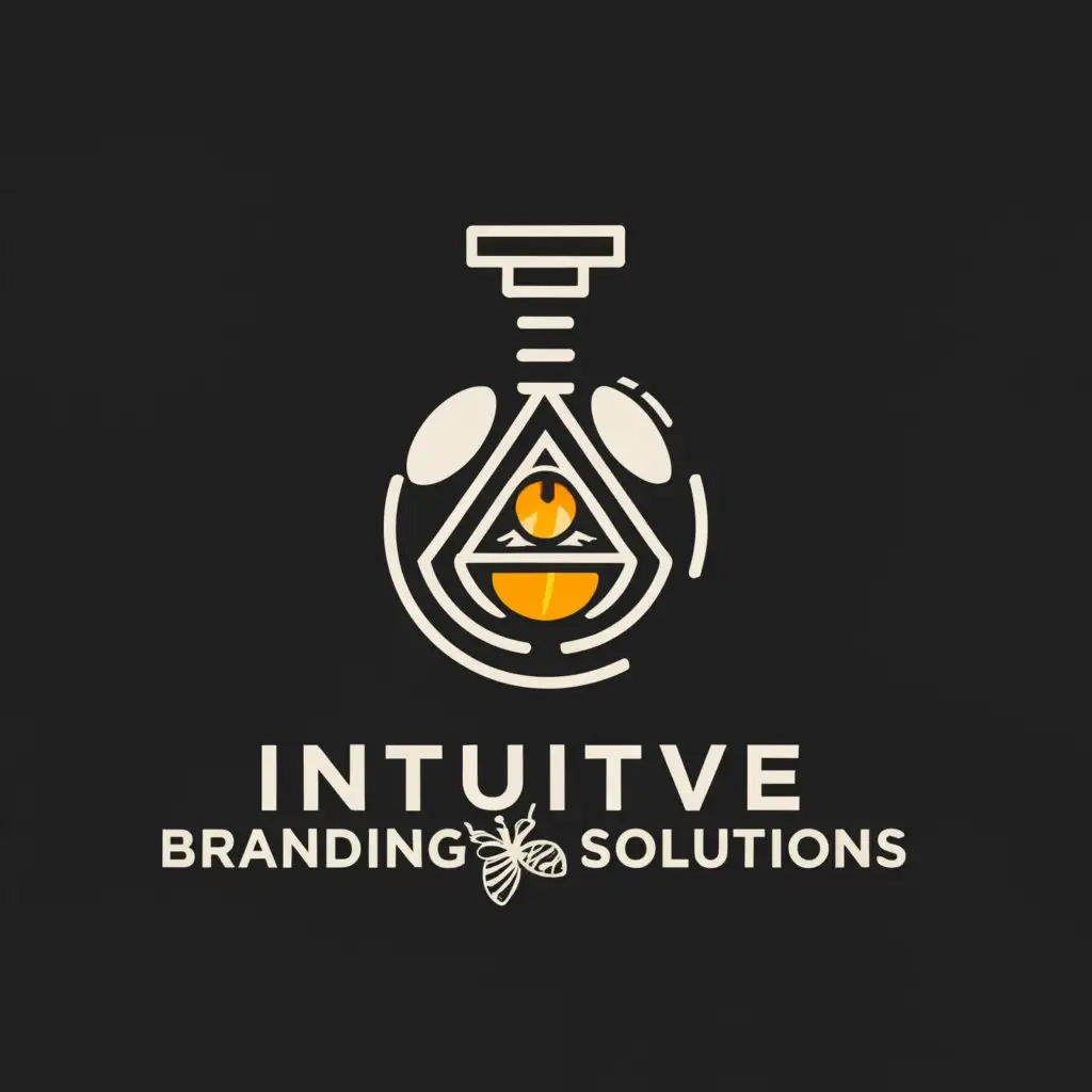a logo design,with the text "Intuitive Branding Solutions", main symbol:Erlenmeyer flask, with eye emblem and a horizontal bee stencil embossed in the centre,complex,be used in Finance industry,clear background
