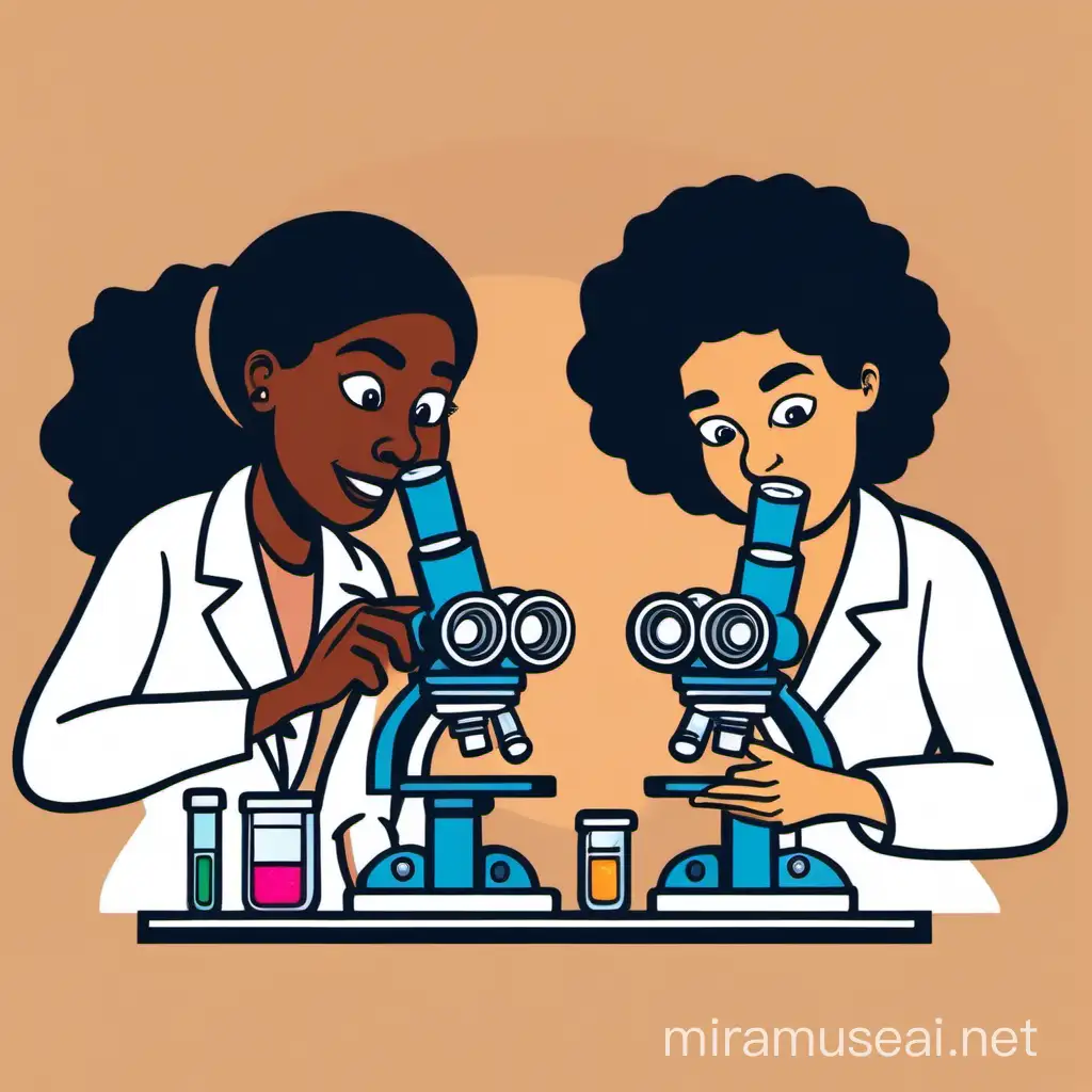 cartoon of two diverse women studying and looking into microscope