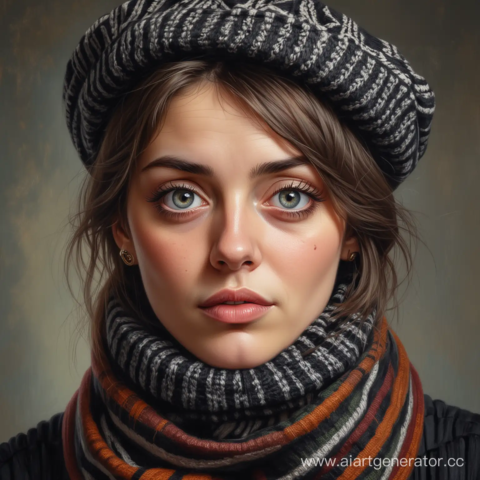 Expressive-Woman-Portrait-with-Striped-Scarf-and-Beret