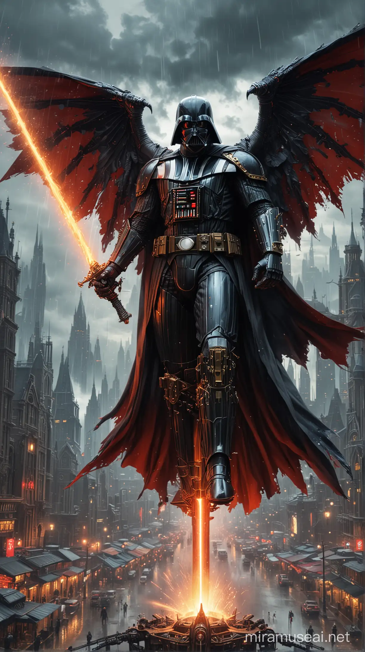 "Draw Darth Vader from a top-down view with a full body, standing in red, blue, and gold ornate steampunk armor. He has large flaming mechanical wings and is holding a glowing sword, flying high above a busy city with fractals in the background. The scene is set in rainy weather with grey clouds, city lights reflecting off the ground, and intricate details on Darth Vader's armor."