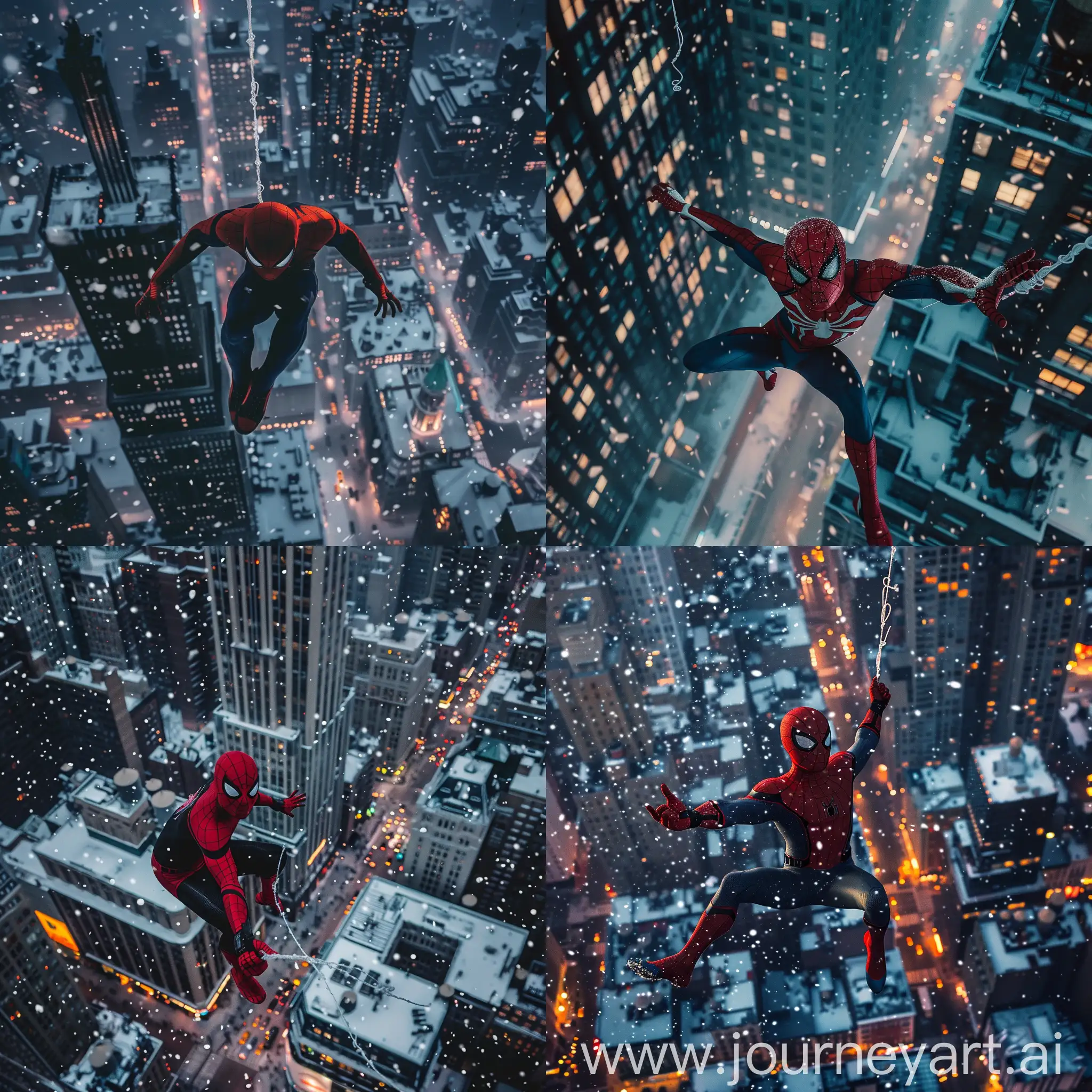 Spider man swinging through New York, Arial view, nighttime, snowing, 4k, cinematic, 
