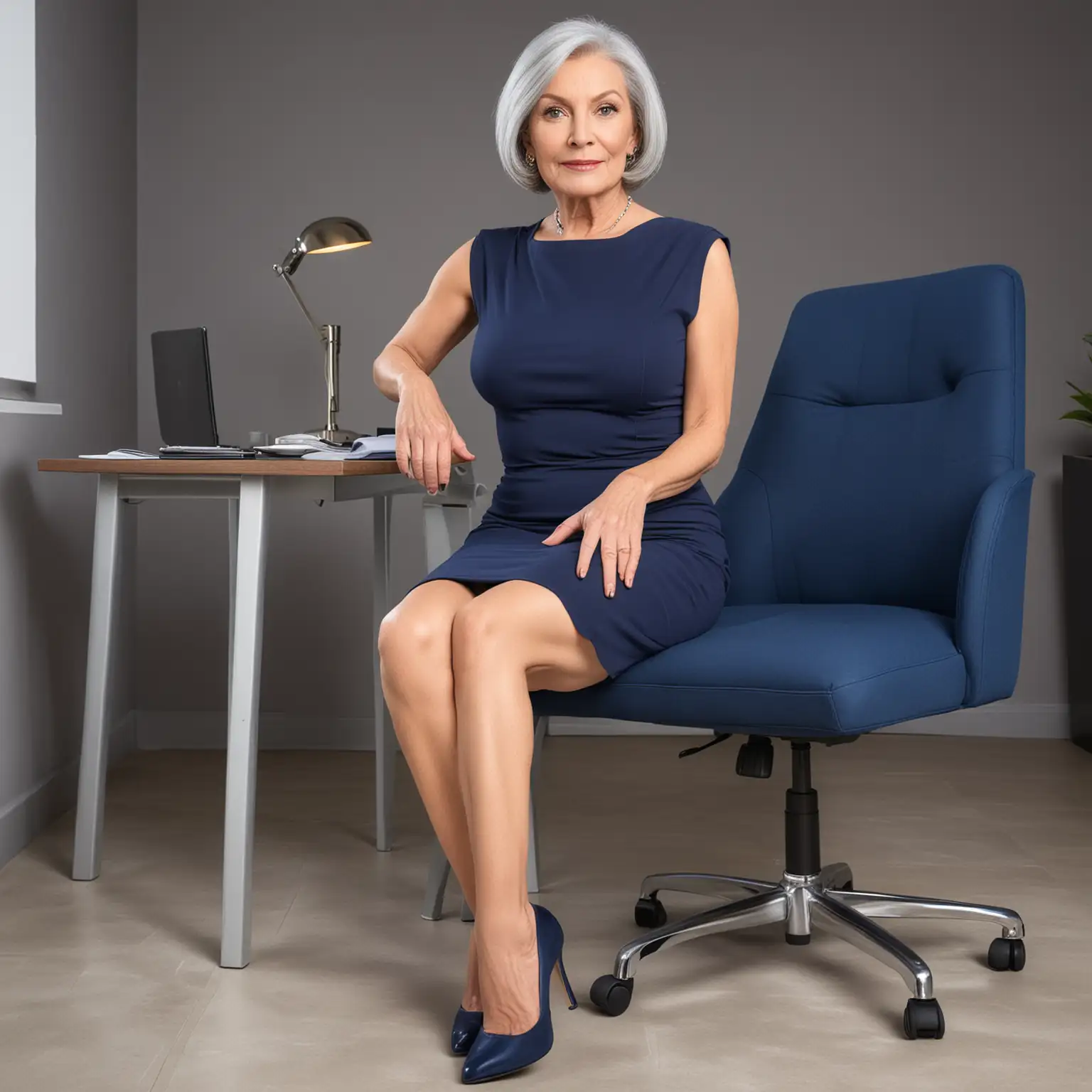 a slim beautiful 70-year-old woman with big breasts and grey hair in a bob wearing a tight blue navy dress and high heels sitting in an office chair