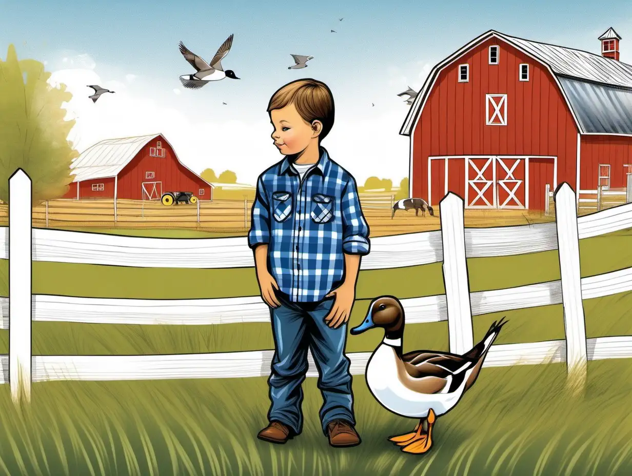 Illustration Northern Pintail Duck in a pasture  a young boy with a blue plaid shirt  on a farm white fences and red barn