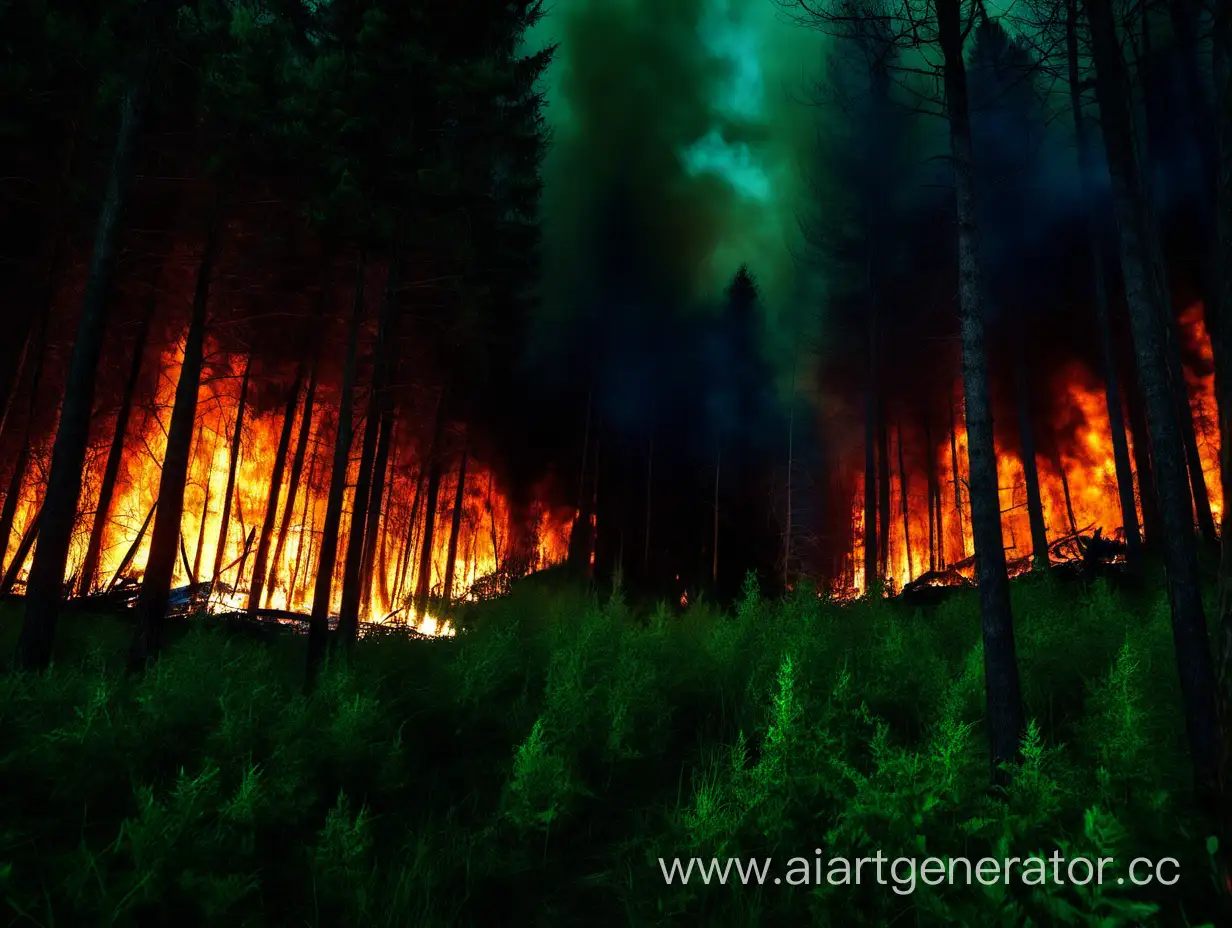 night, green forest, fire